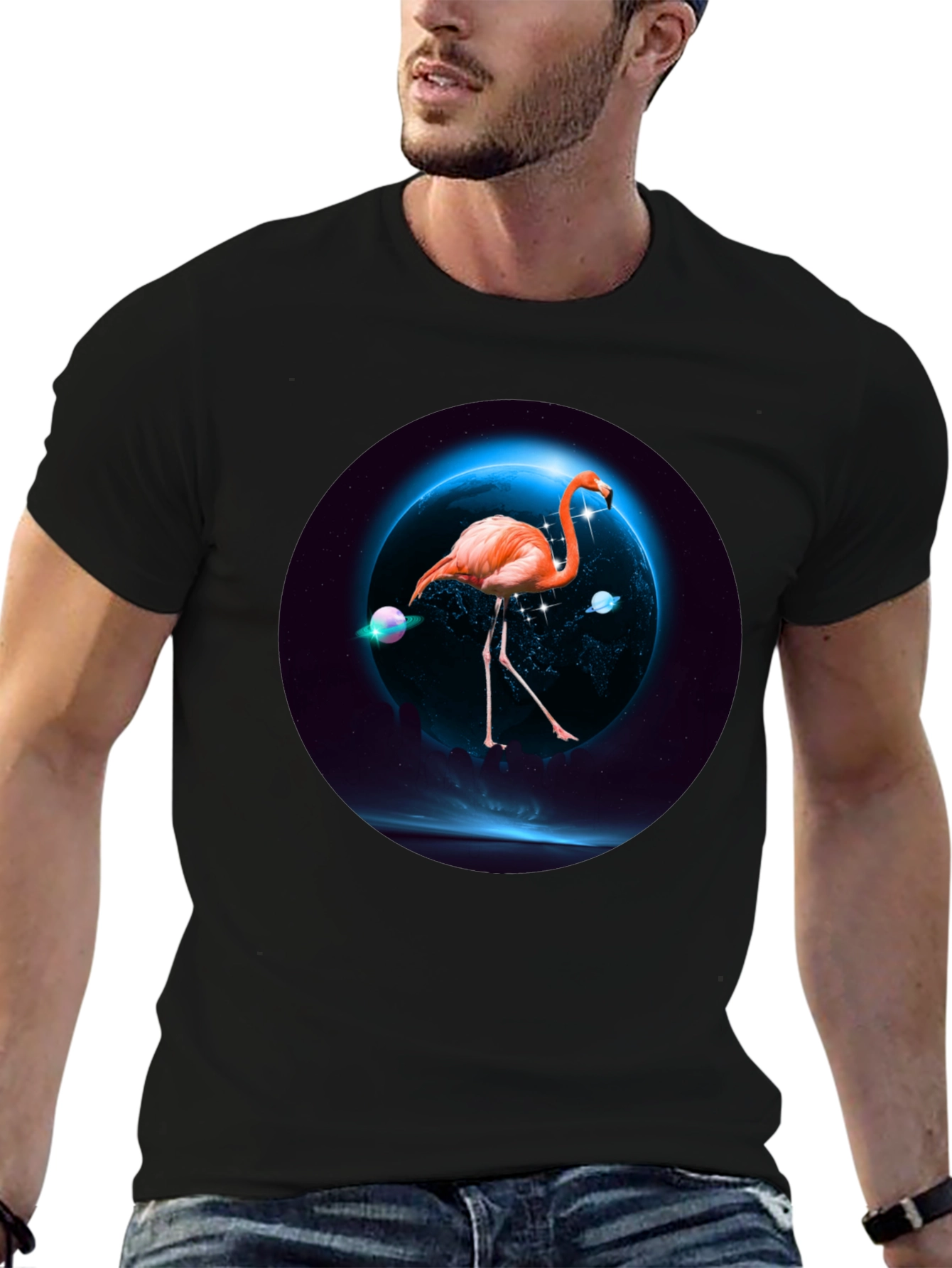 Black Flamingo in Space T-Shirt view 6