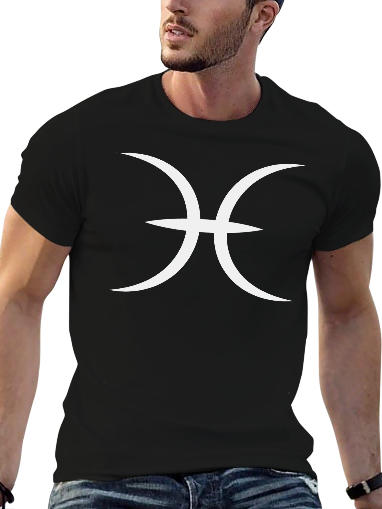 Black Pisces Zodiac Sign Graphic Tee - Black Cotton T-Shirt view 6