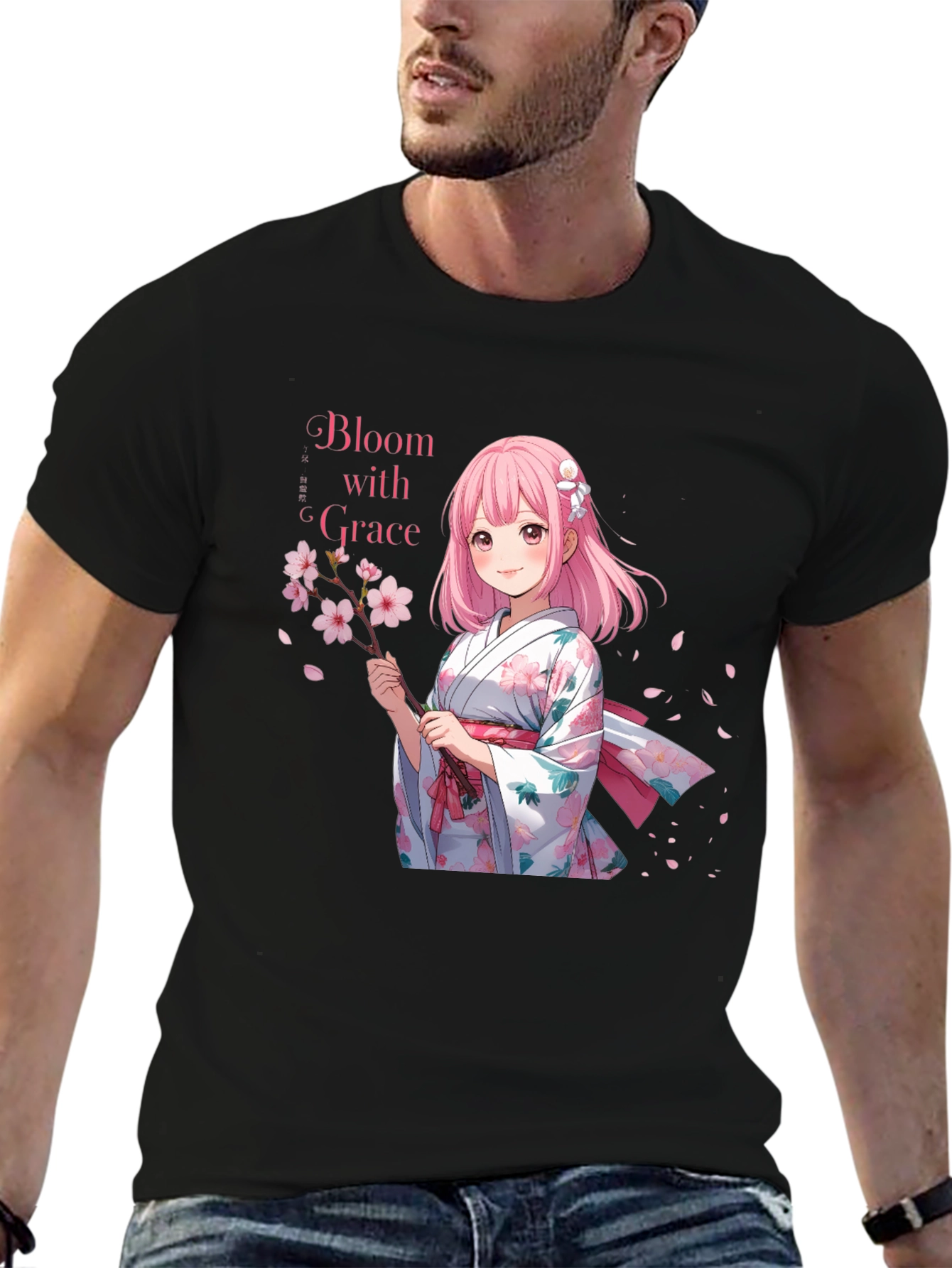 Black Anime Girl Cherry Blossom T-Shirt view 6