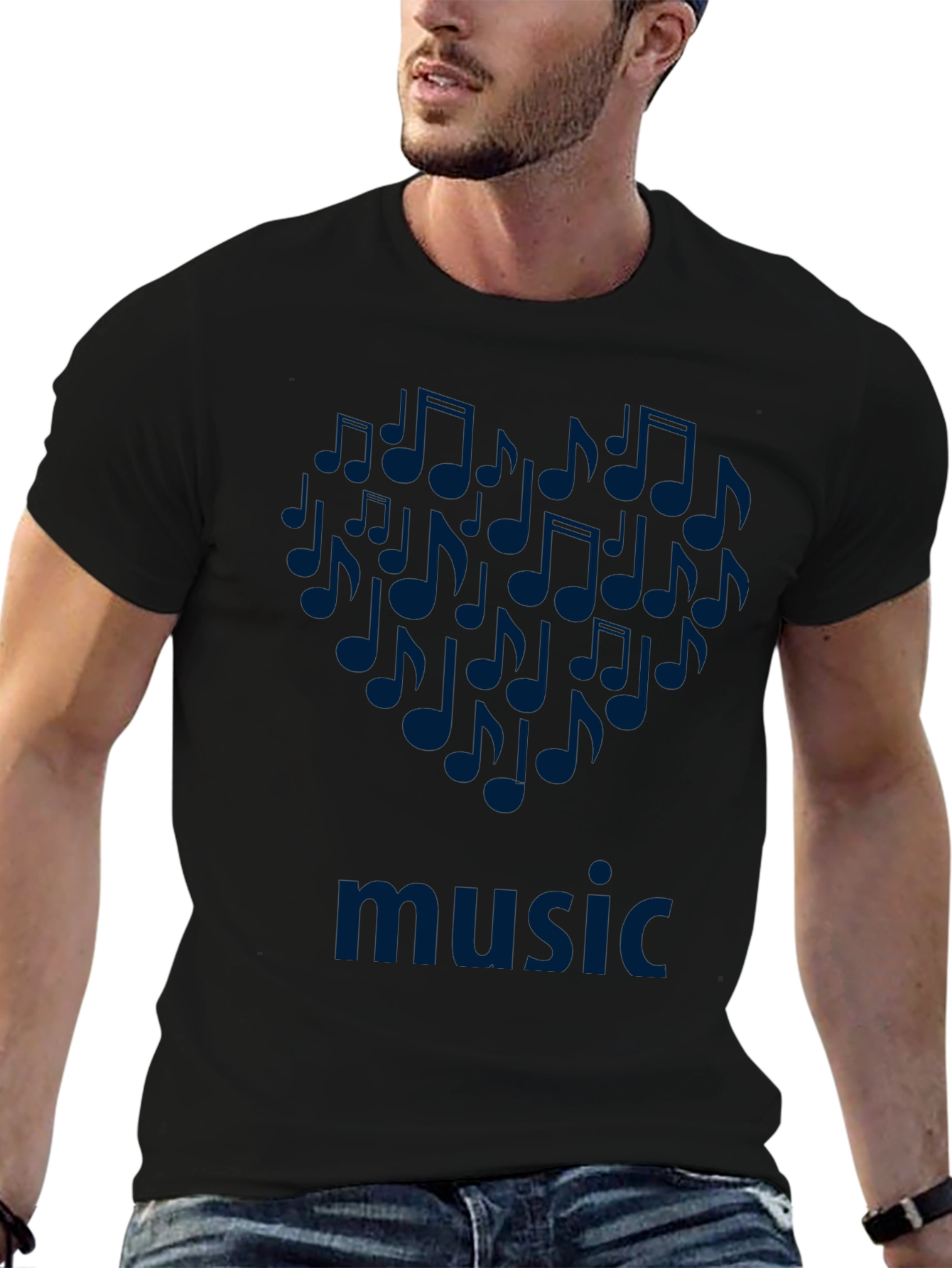 Black Music Notes Heart T-Shirt - Black Cotton Tee view 6