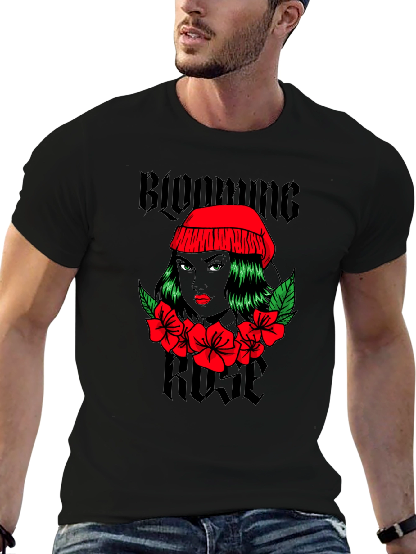 Black Blooming Rose Graphic Tee - Black Unisex T-Shirt view 6