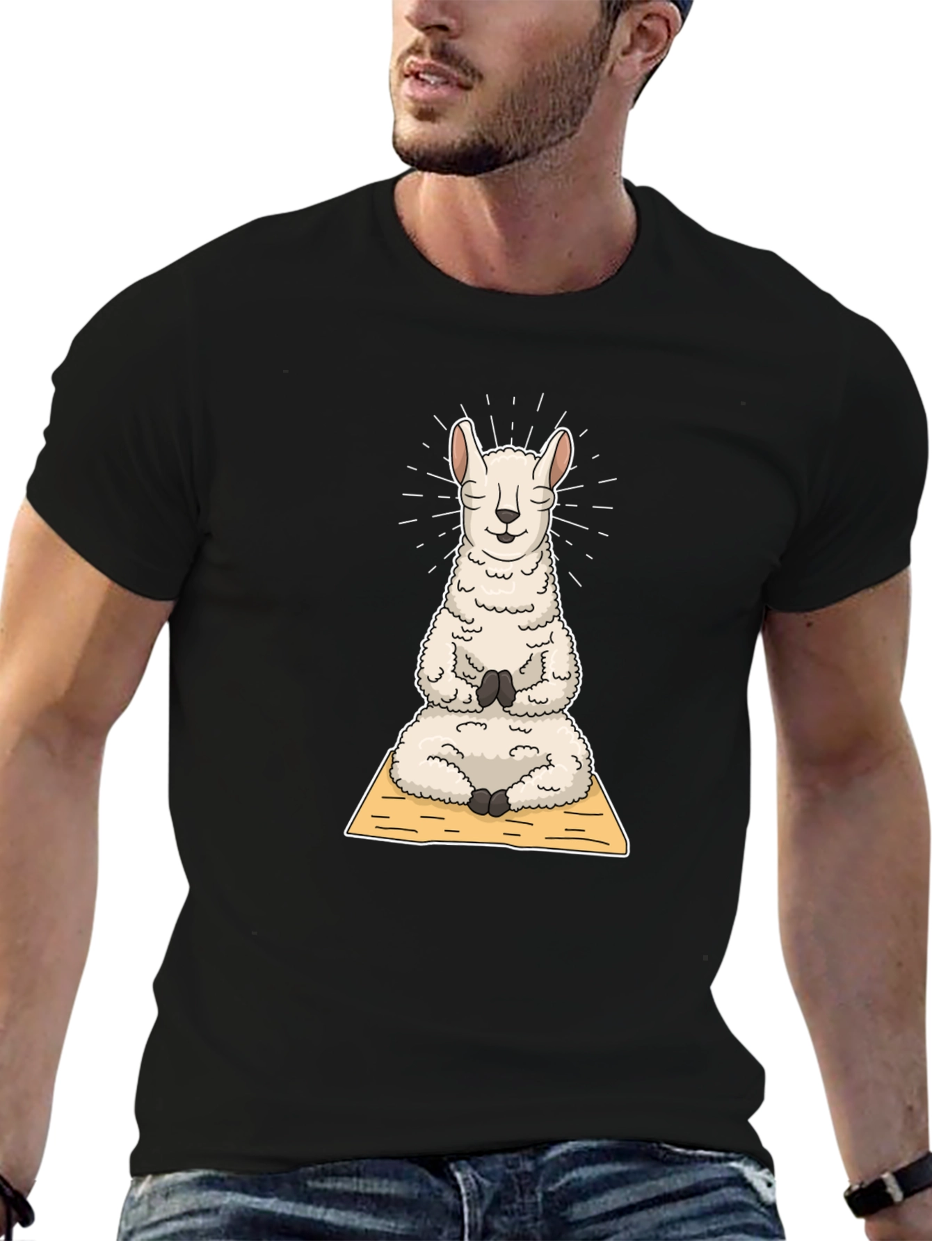 Black Yoga Llama T-Shirt: Meditating Alpaca Tee view 6