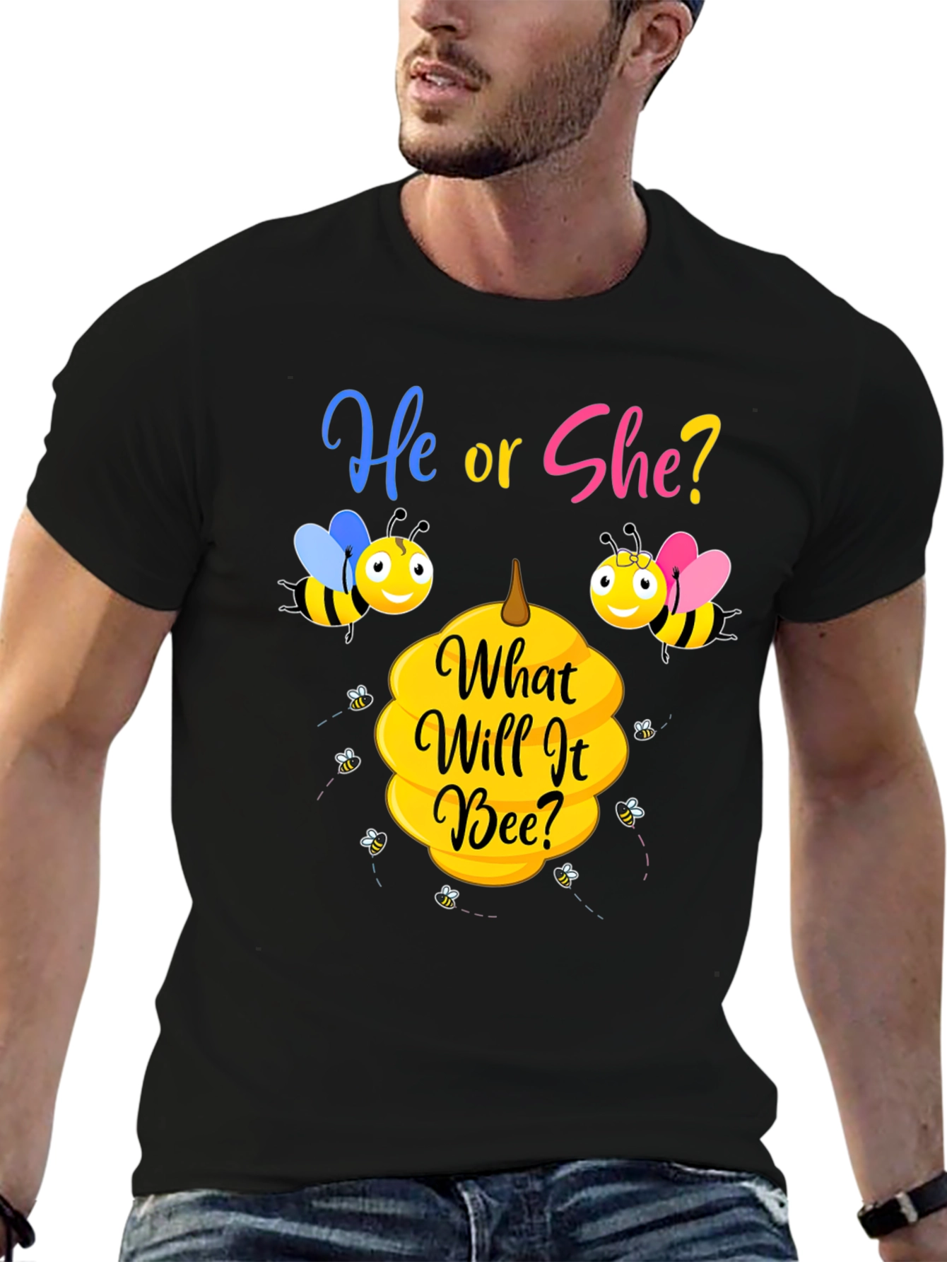 Black He or She Bee Gender Reveal T-Shirt view 6