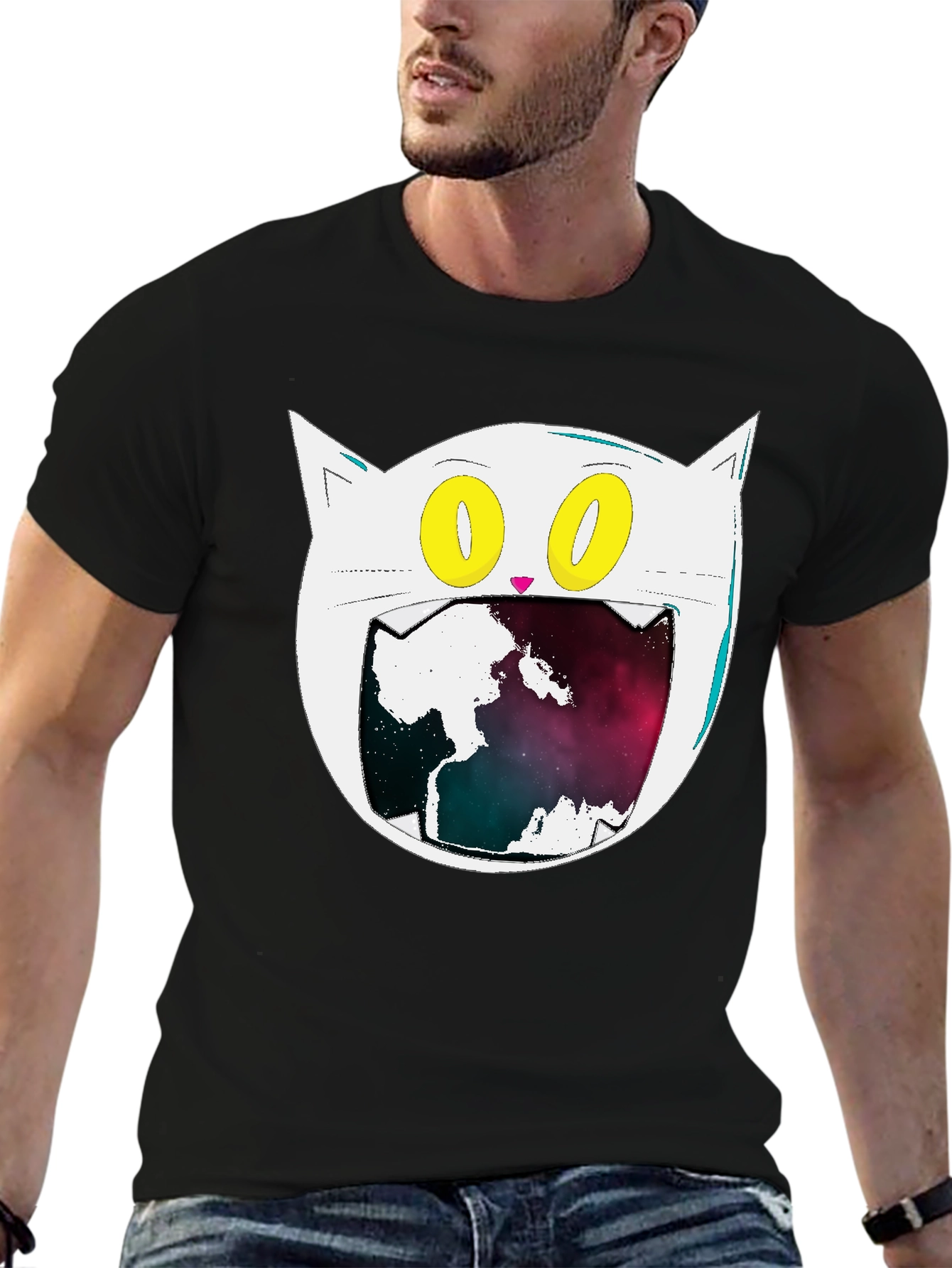 Black Cosmic Cat Graphic Tee - Black Cotton Blend view 6