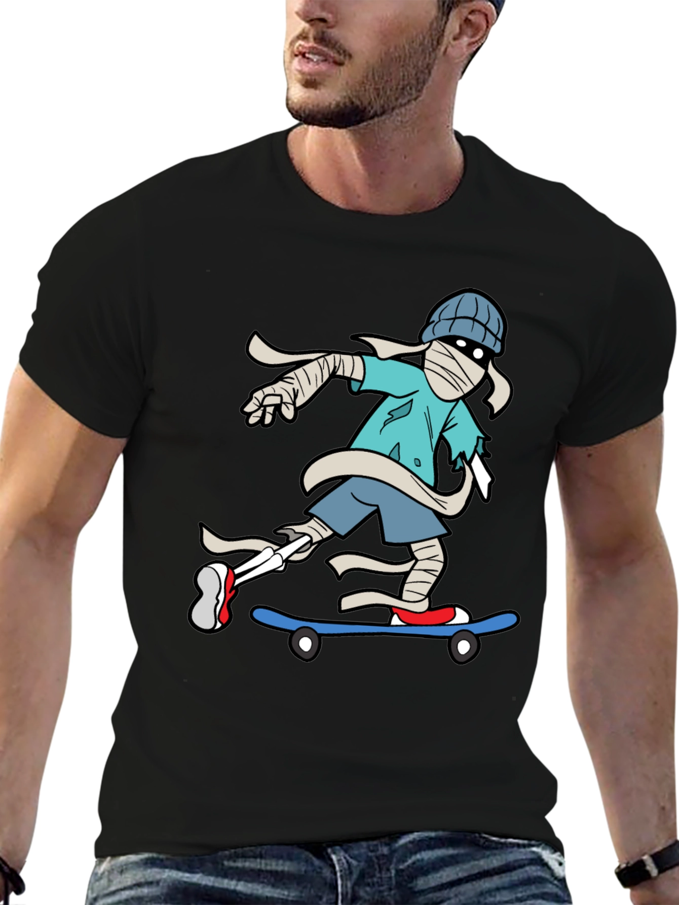 Black Skateboarding Mummy Graphic Tee - Cool & Unique Design view 6