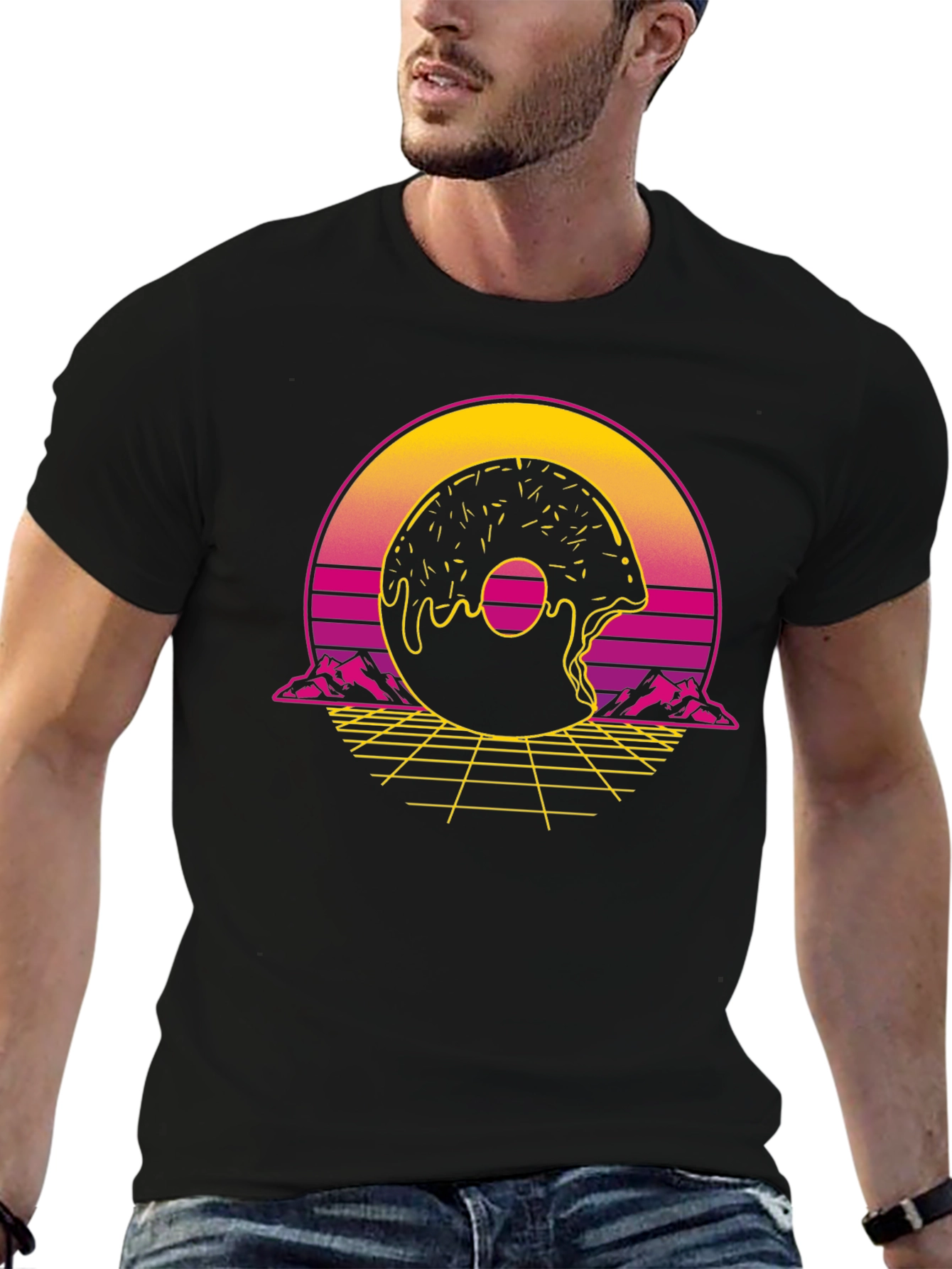 Black Retro Donut Graphic Tee - Synthwave Style view 6