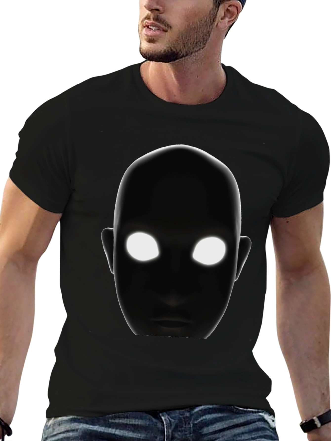 Black Men's Black T-Shirt with Glowing Eyes Graphic view 6