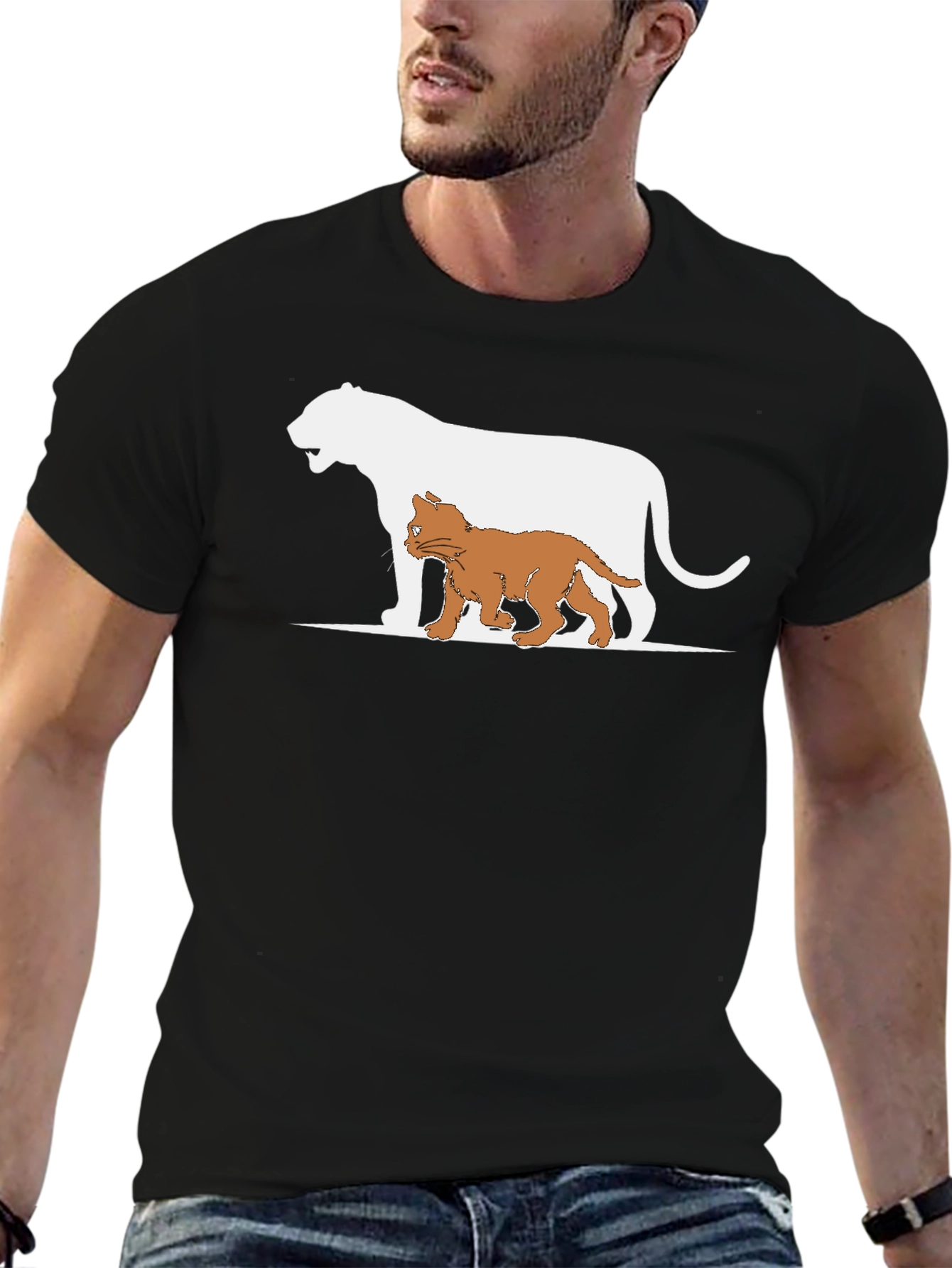Black Cute Cat and Lion Graphic Black T-Shirt view 6
