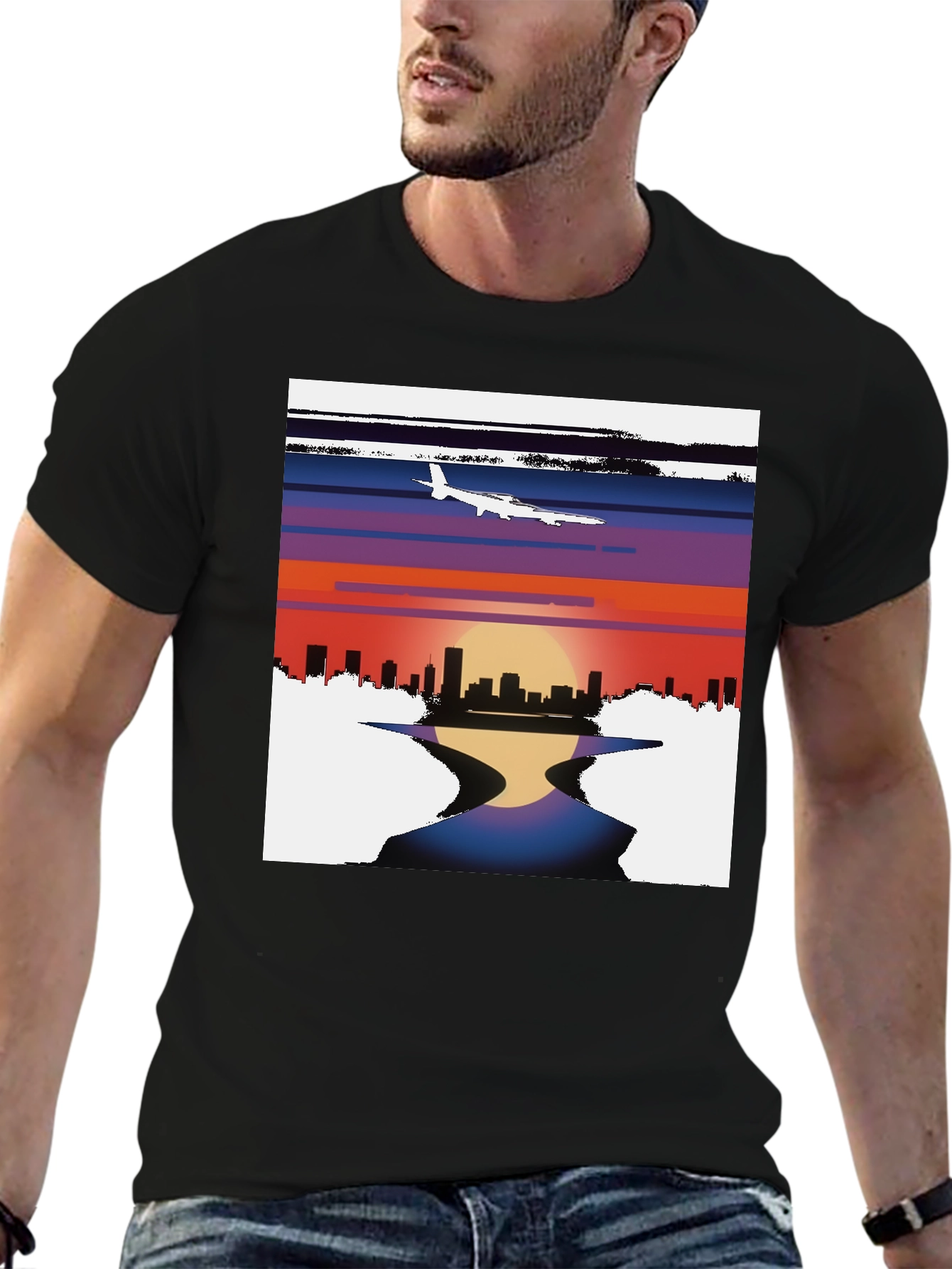 Black Sunset Airplane Cityscape Graphic Tee view 6