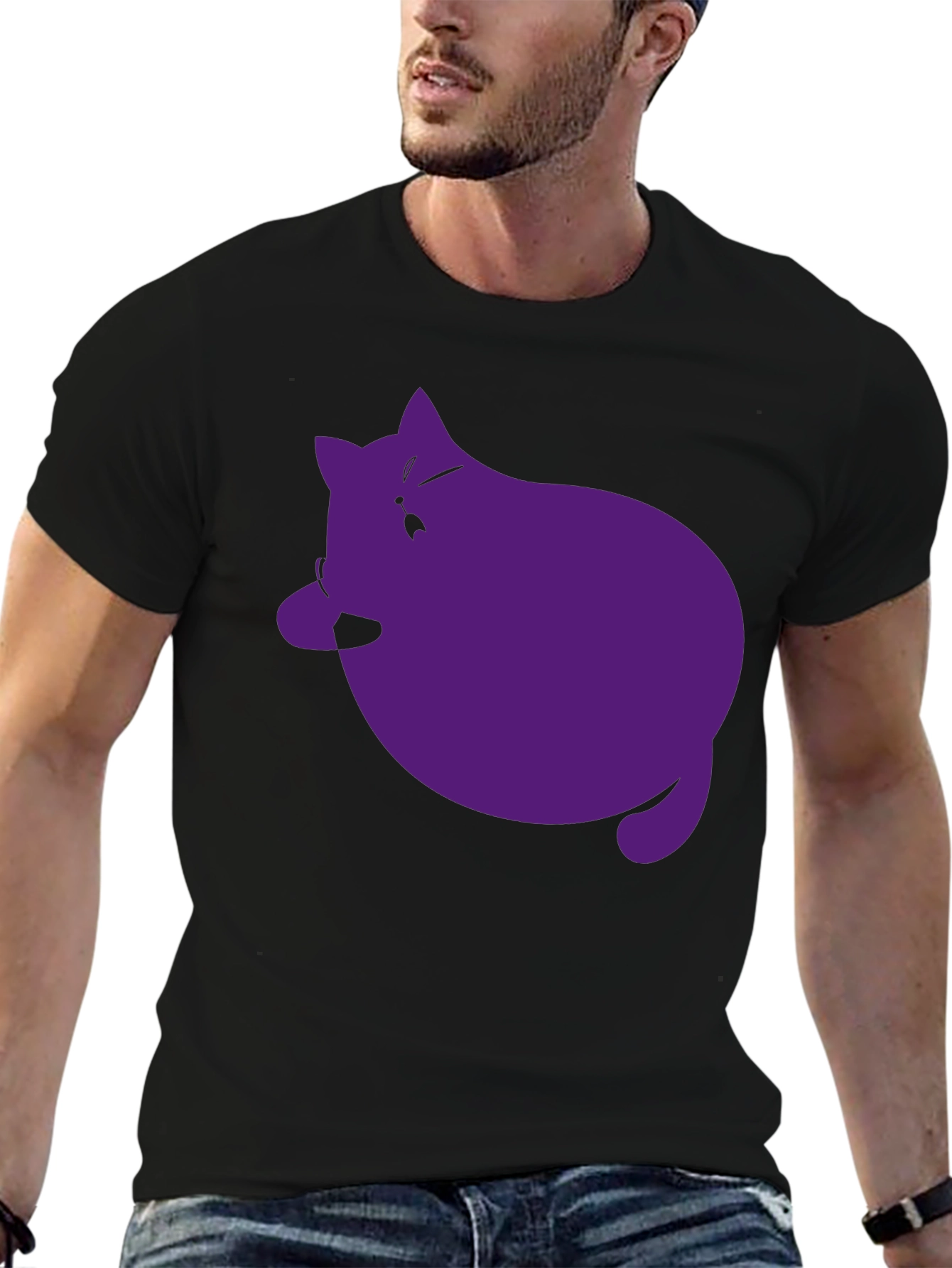 Black Men's Black T-Shirt with Purple Cat Graphic view 6