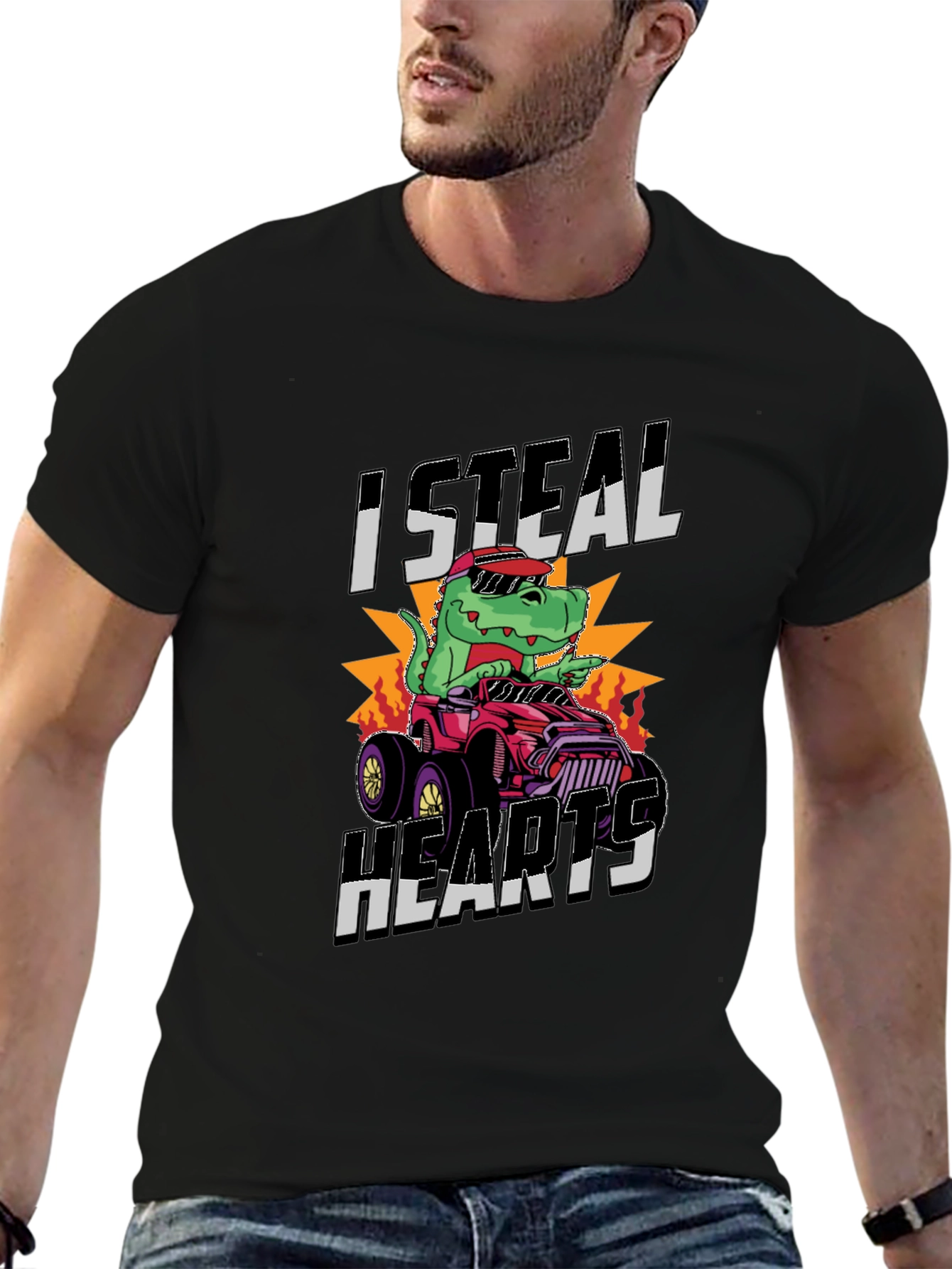Black I Steal Hearts Dinosaur Monster Truck Graphic Tee view 6