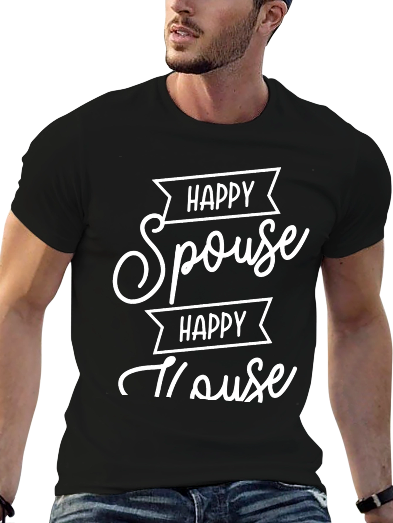 Black Happy Spouse Happy House Black Graphic T-Shirt view 6