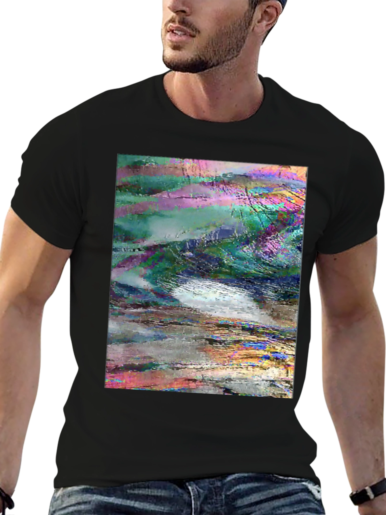 Black Abstract Glitch Art Graphic Tee - Black view 6