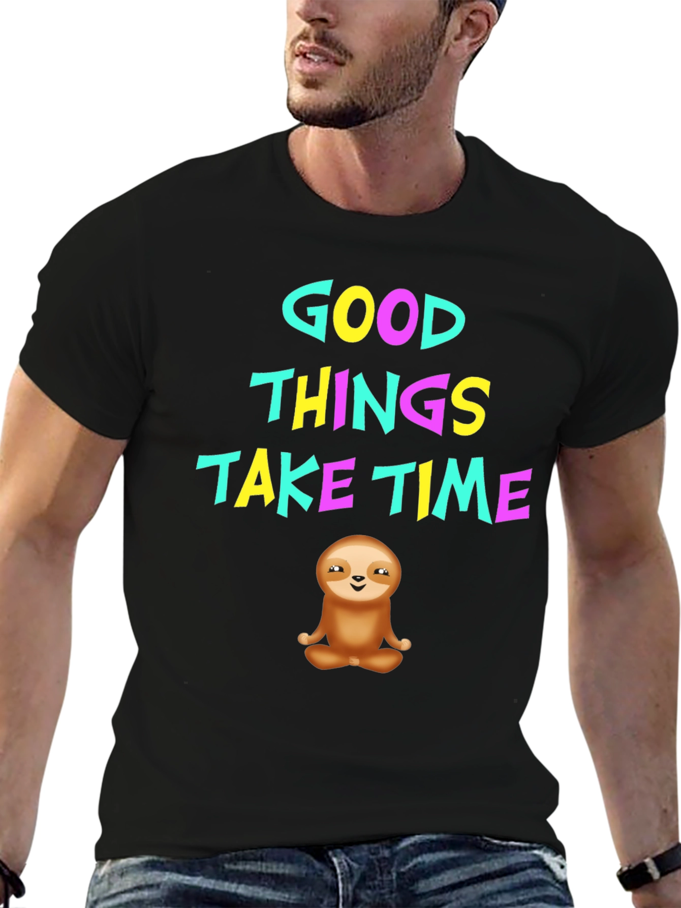 Black Good Things Take Time Sloth Graphic T-Shirt view 6