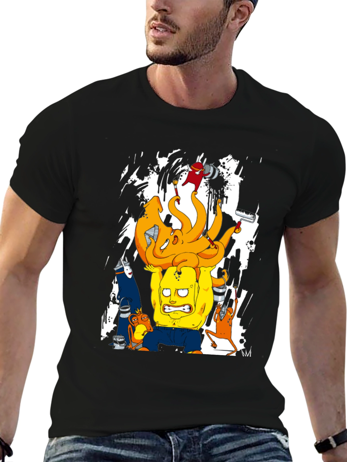 Black Cartoon Graphic T-Shirt - Black Crew Neck Tee view 6