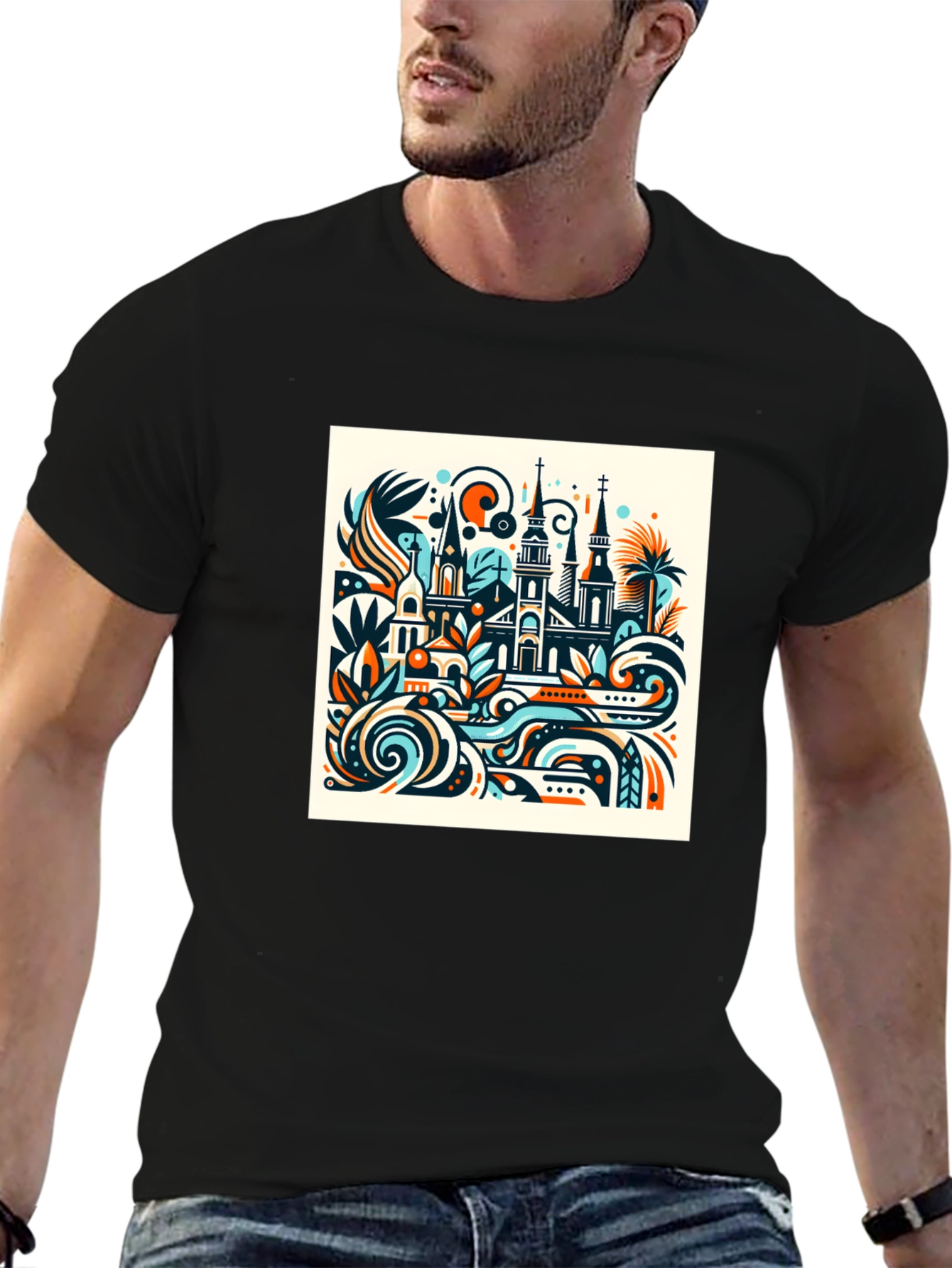 Black Abstract Cityscape Graphic Tee view 6