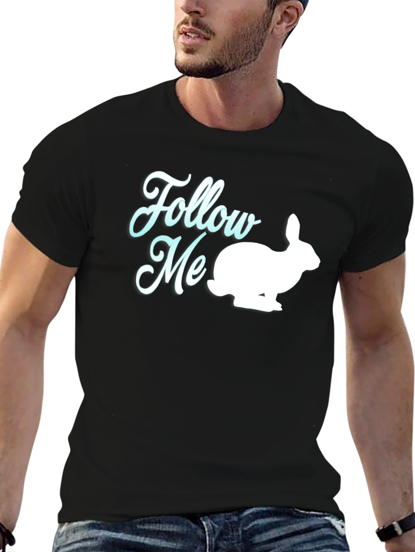 Black Follow Me Rabbit Graphic Tee - Soft Cotton Blend view 6