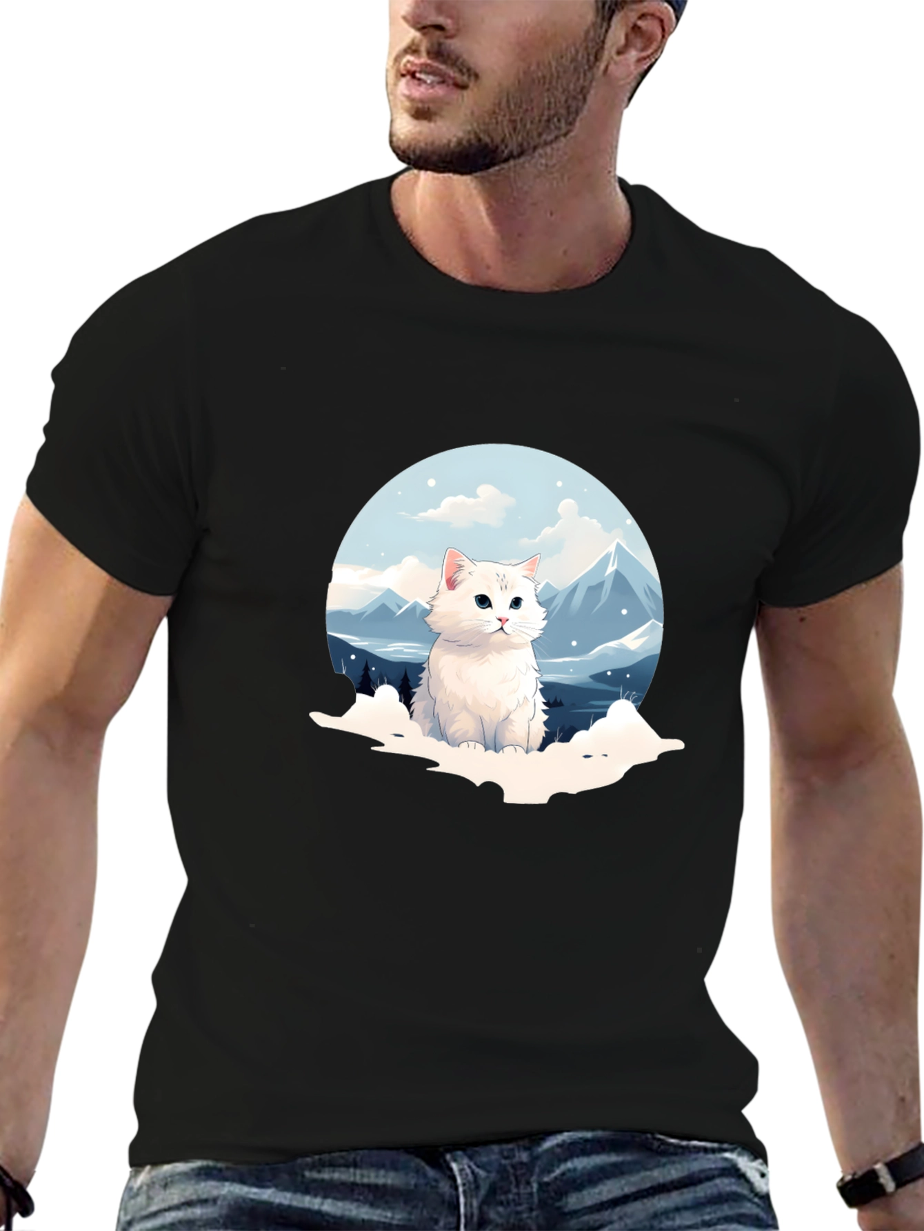 Black Cute Cat Mountain Scene Graphic Tee view 6