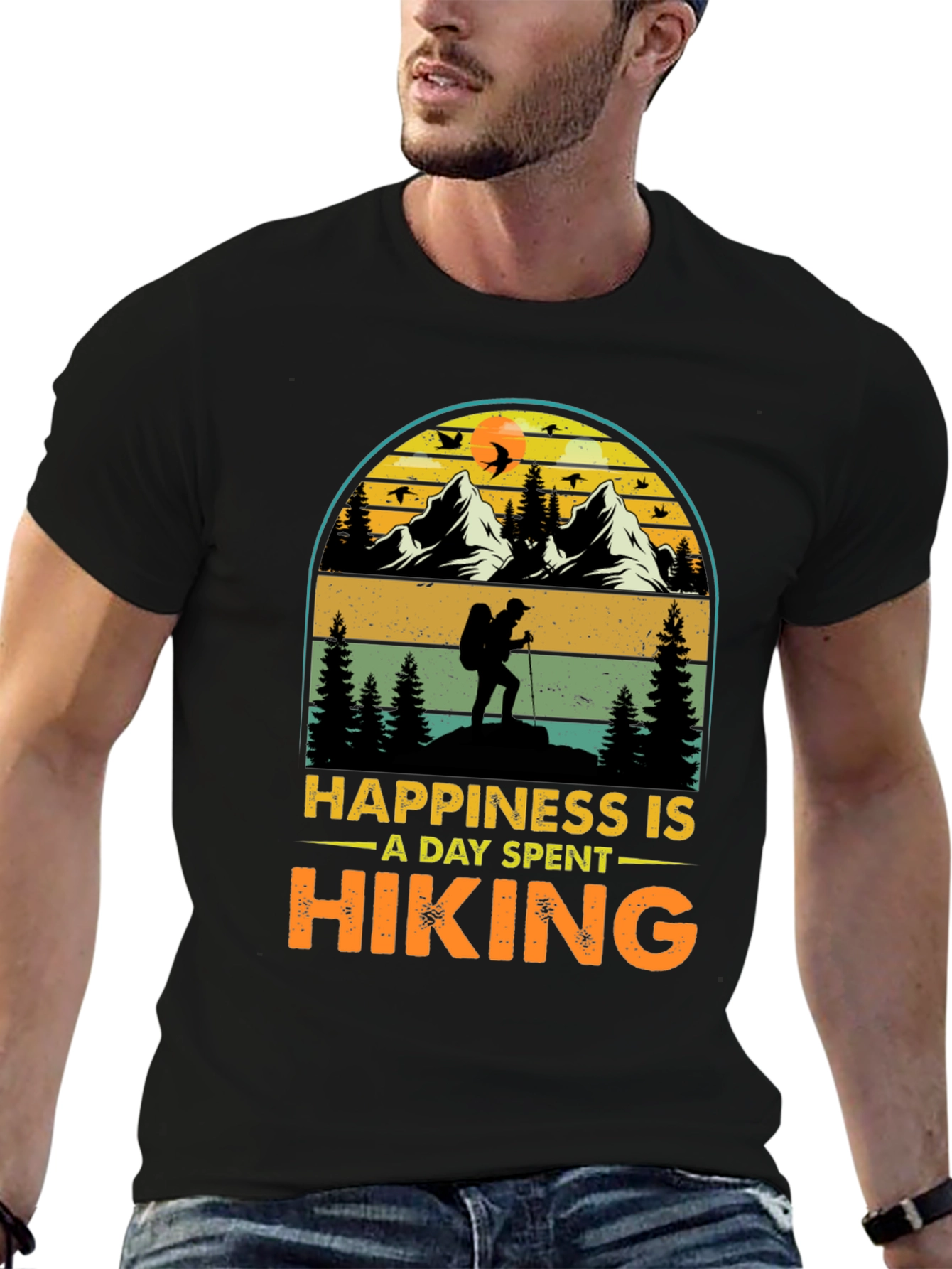 Black Hiking Adventure T-Shirt: Happiness Is Hiking view 6