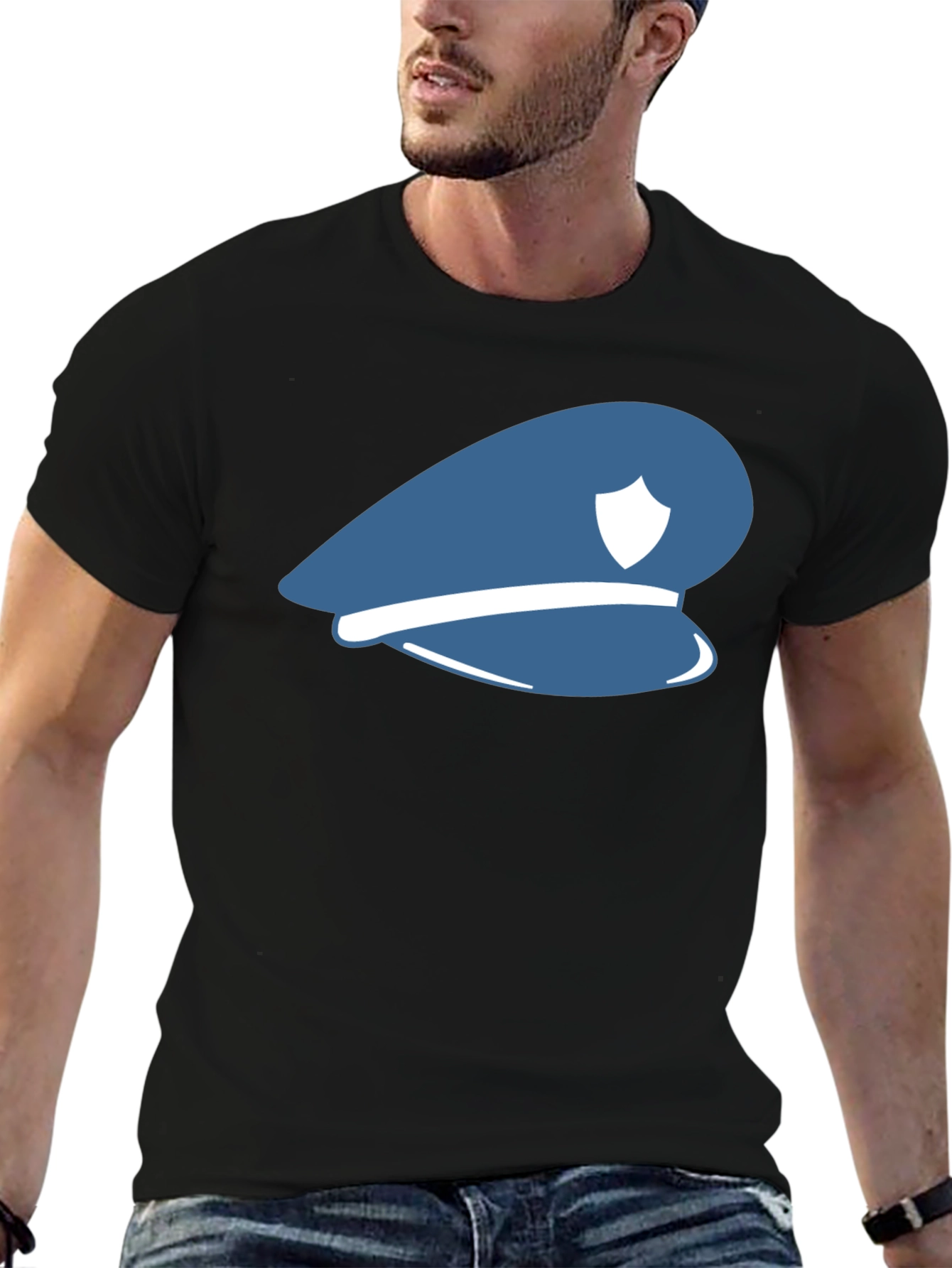 Black Blue Police Hat Graphic T-Shirt - Stylish Cotton Tee view 6