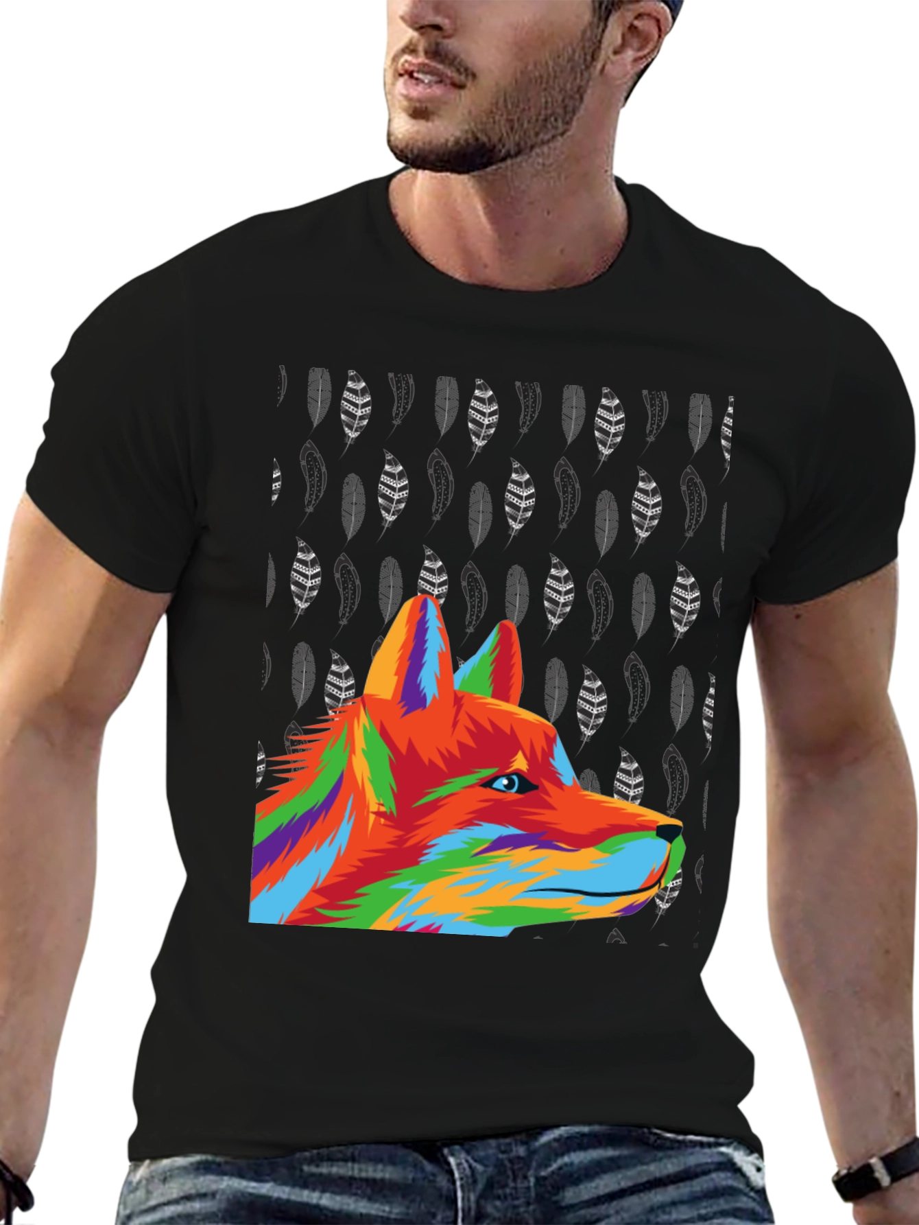 Black Vibrant Wolf Graphic Tee - Black Cotton Blend view 6