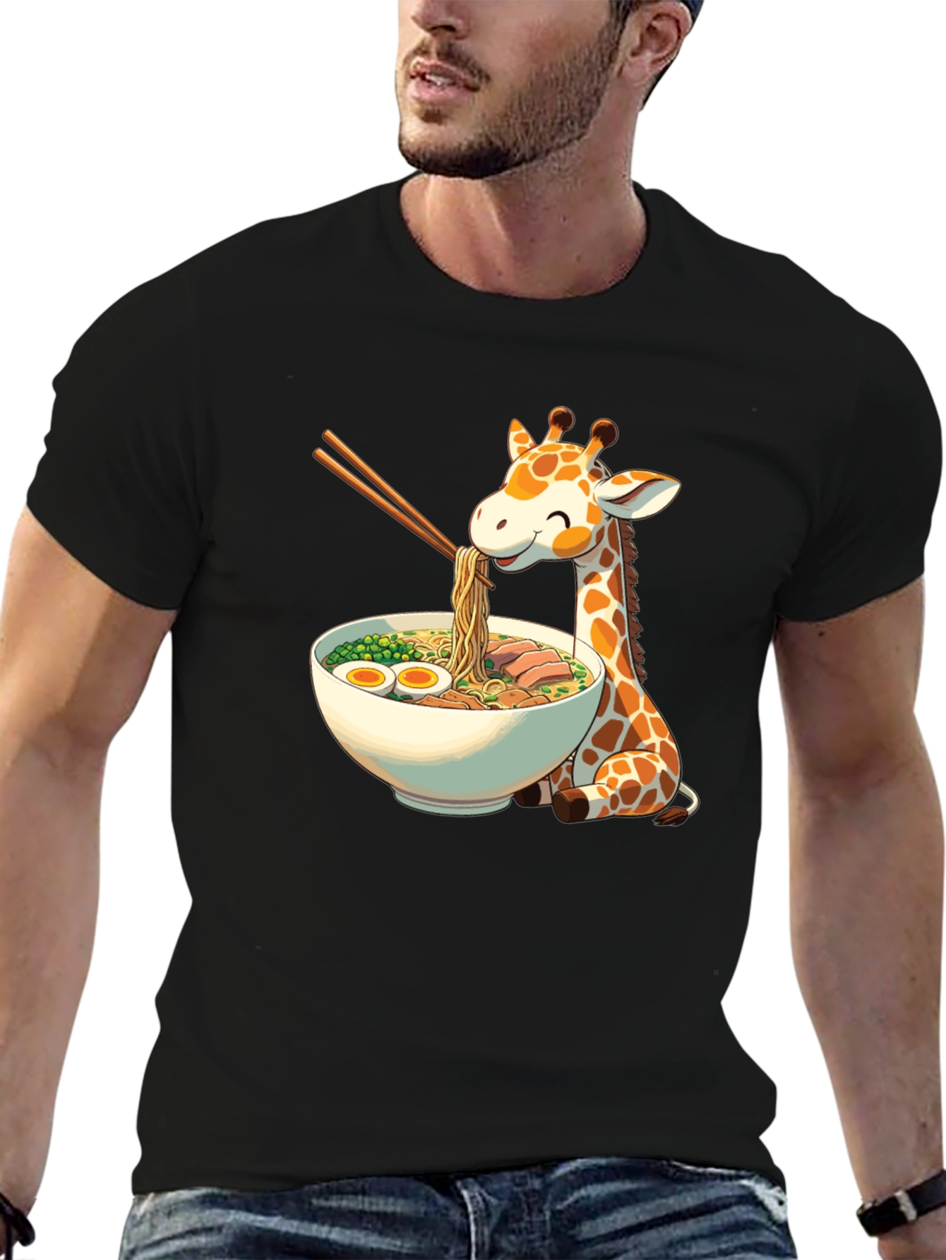 Black Giraffe Ramen Black T-Shirt - Unique Graphic Tee view 6
