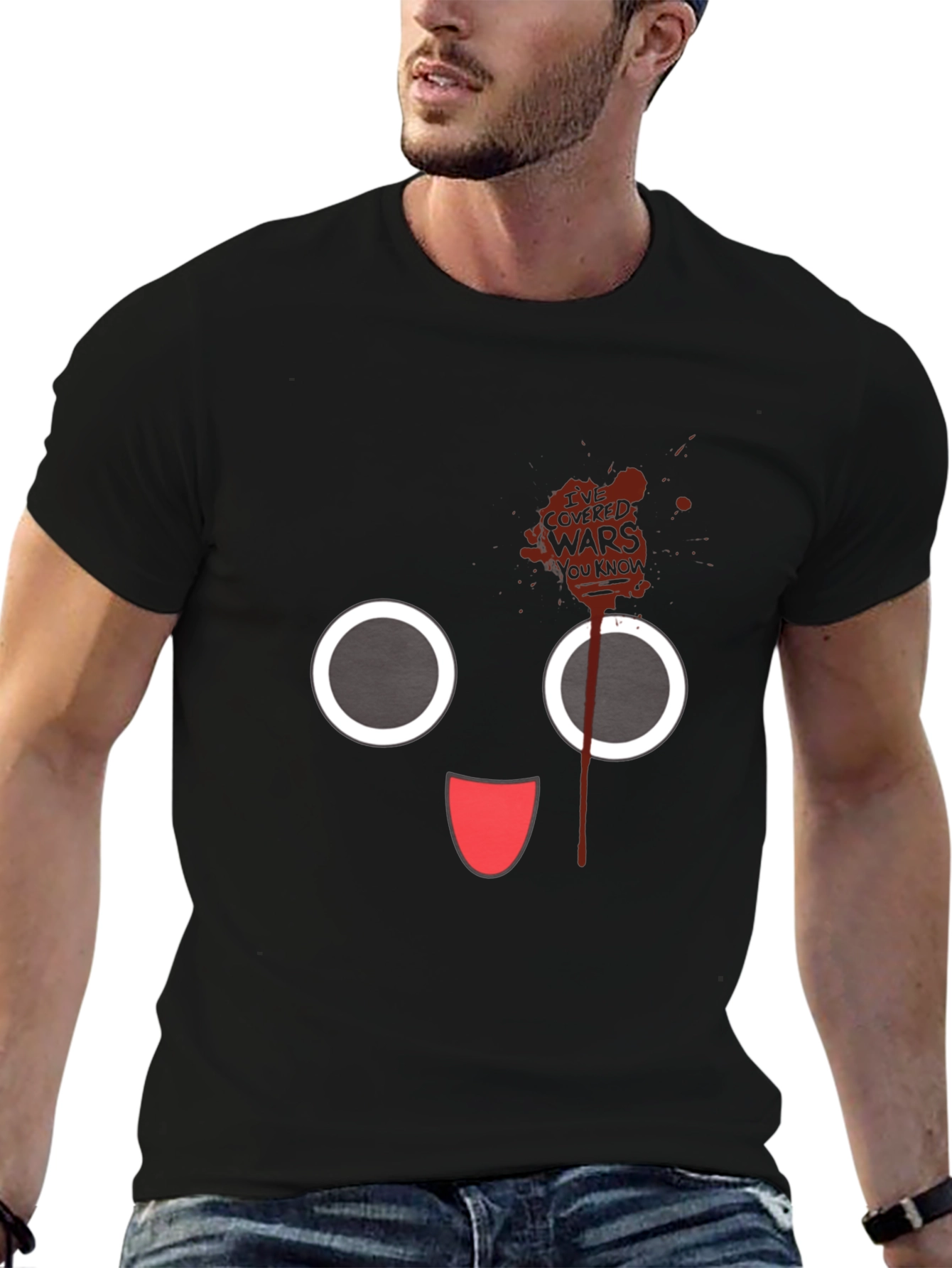 Black Funny Cartoon Face Black T-Shirt view 6