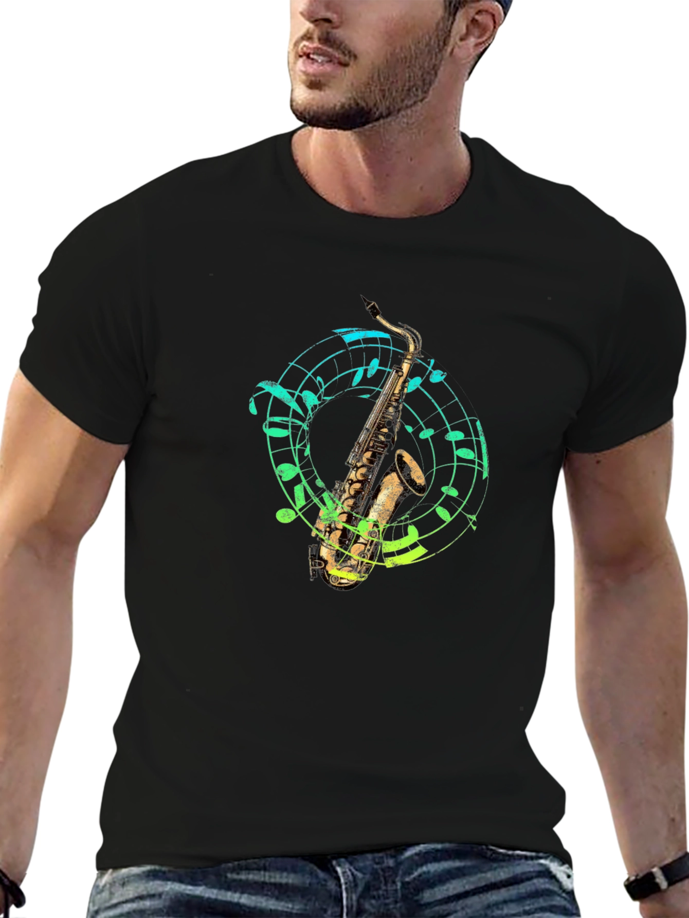 Black Saxophone Music T-Shirt - Cool Graphic Tee view 6