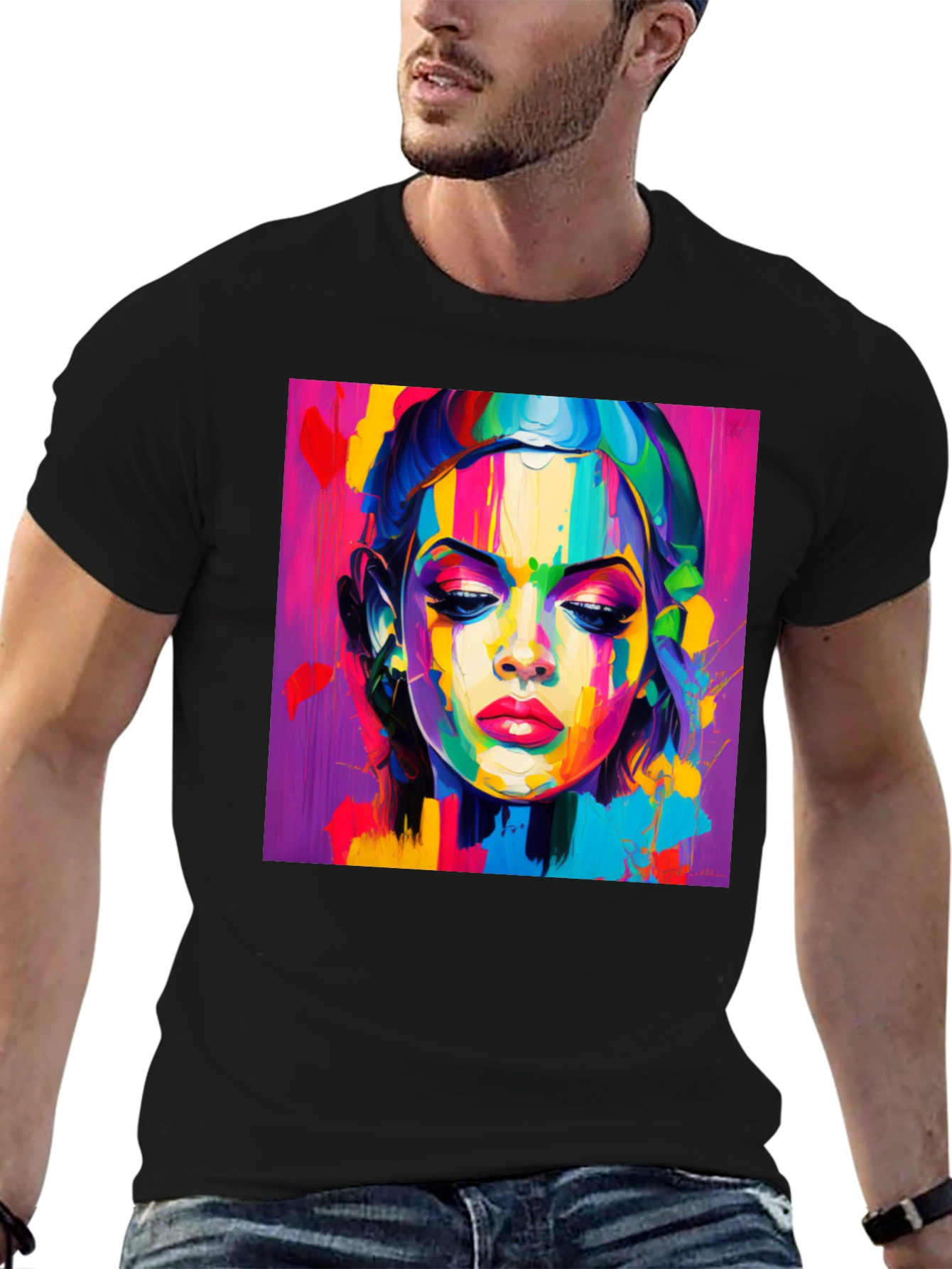 Black Abstract Woman Graphic Tee - Vibrant Colors view 6