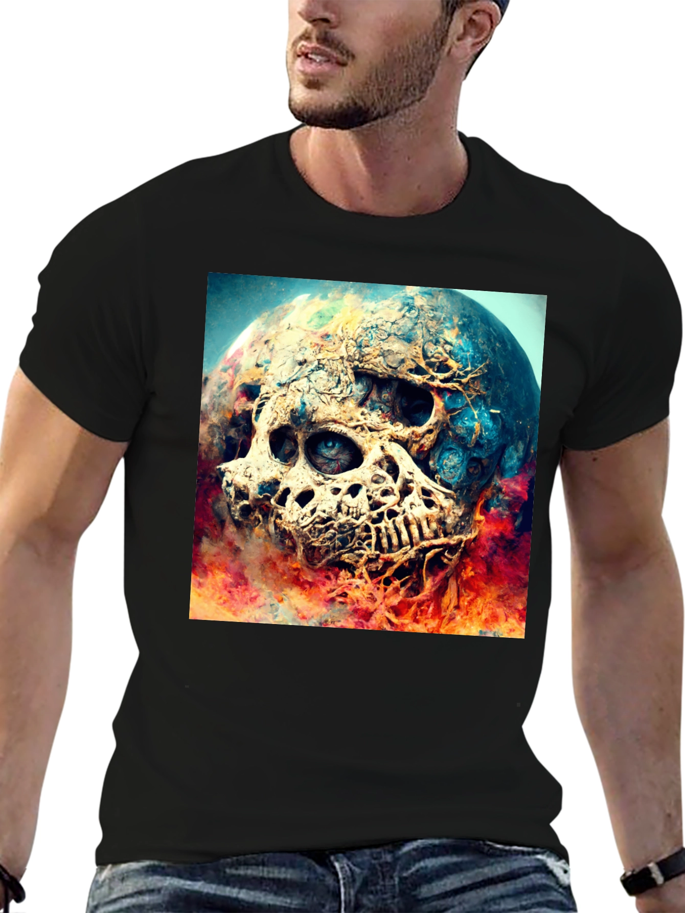 Black Skull Planet Graphic Tee - Black Cotton Shirt view 6