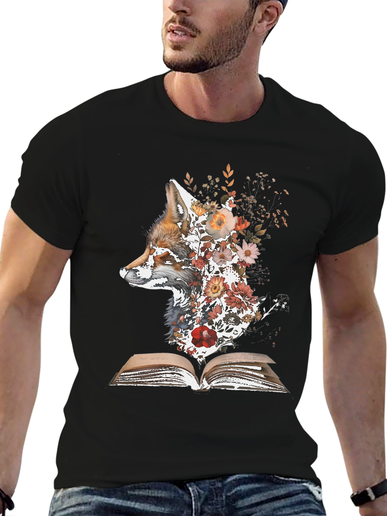 Black Fox & Flowers Book T-Shirt - Unique Nature Graphic Tee view 6