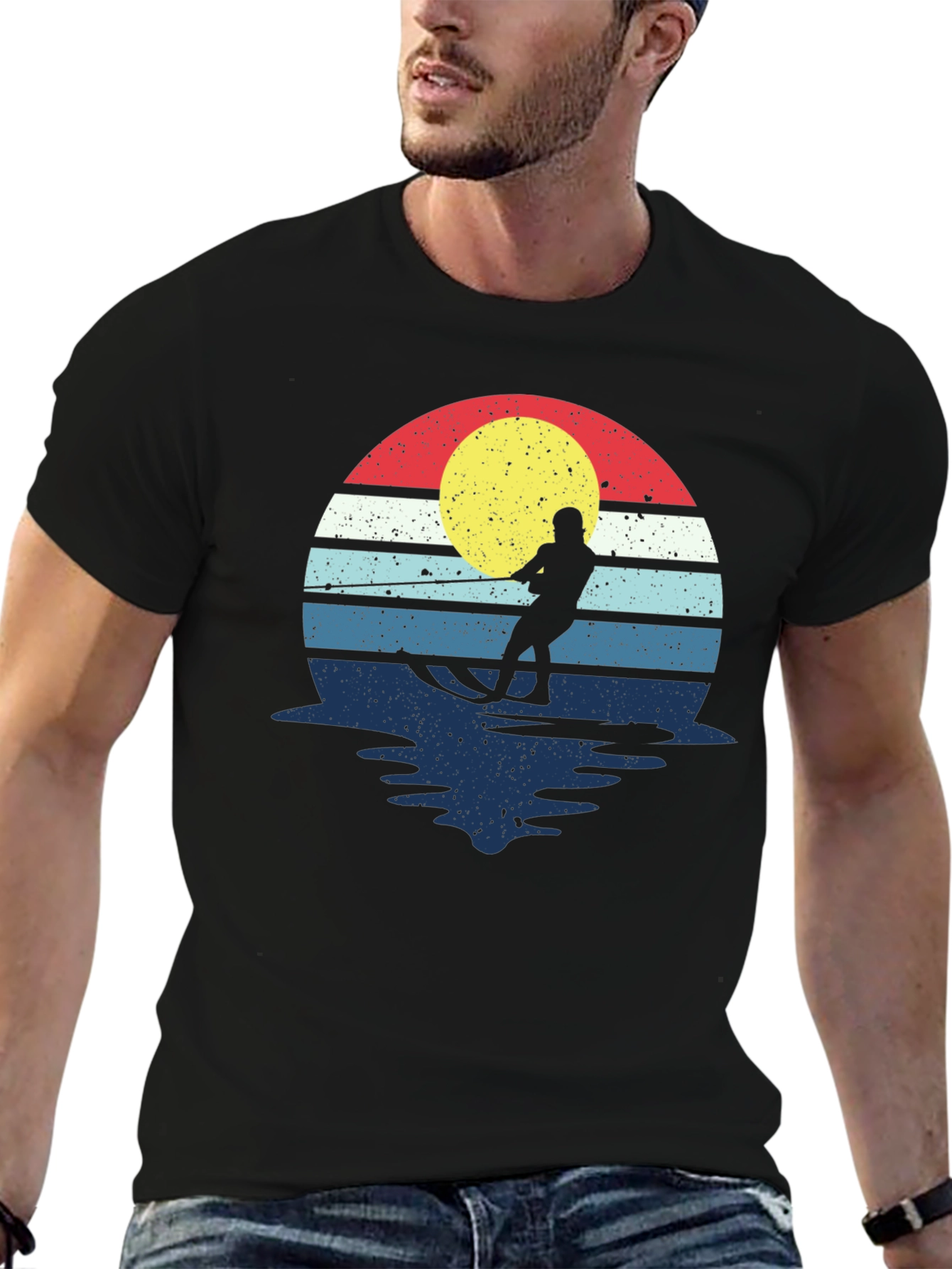 Black Retro Water Skiing T-Shirt - Vintage Sunset Design view 6