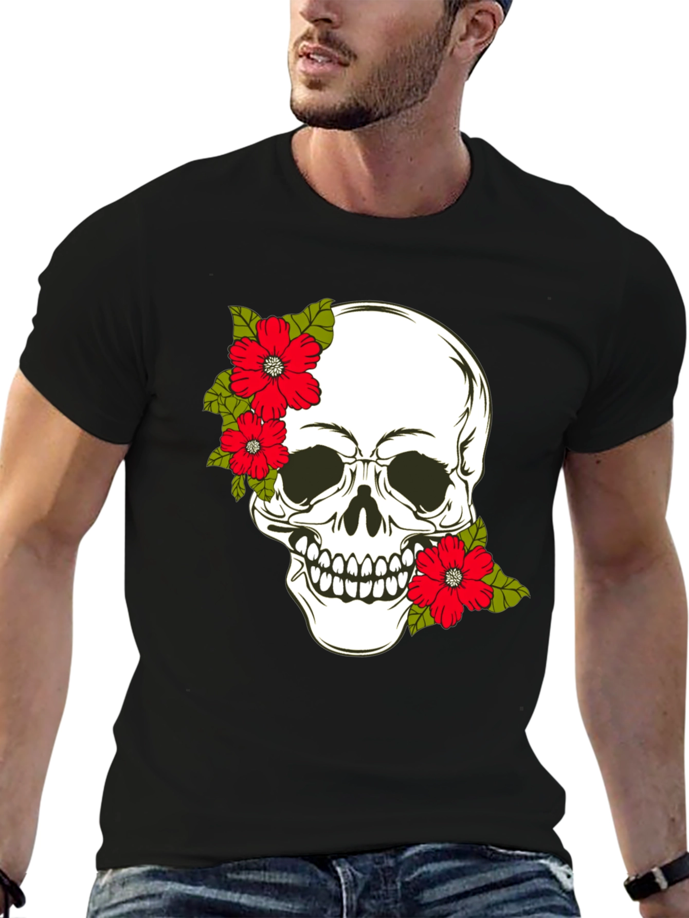 Black Skull & Floral Graphic Print Tee view 6