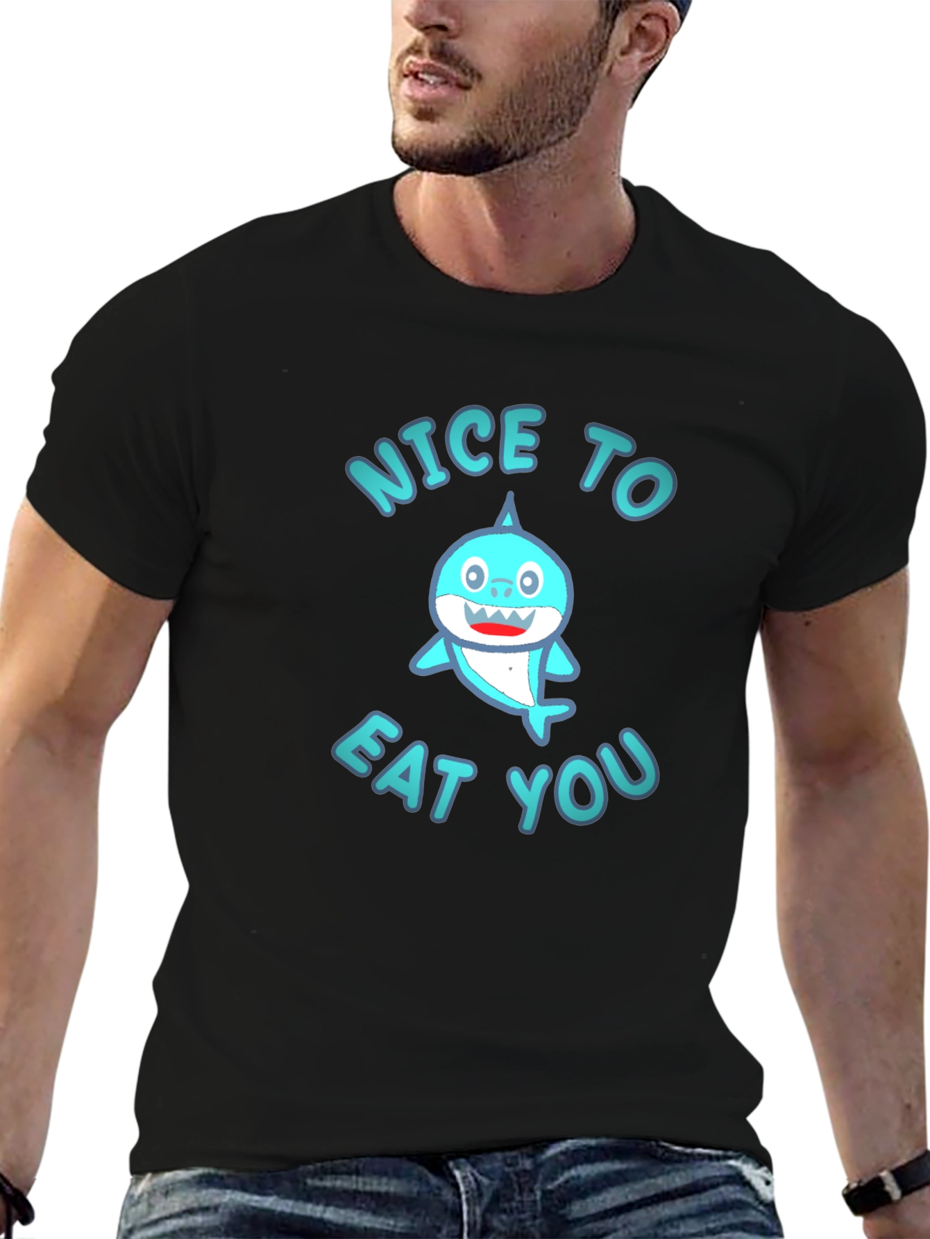 Black Funny Shark Graphic Tee - "Nice to Eat You" Black T-Shirt view 6