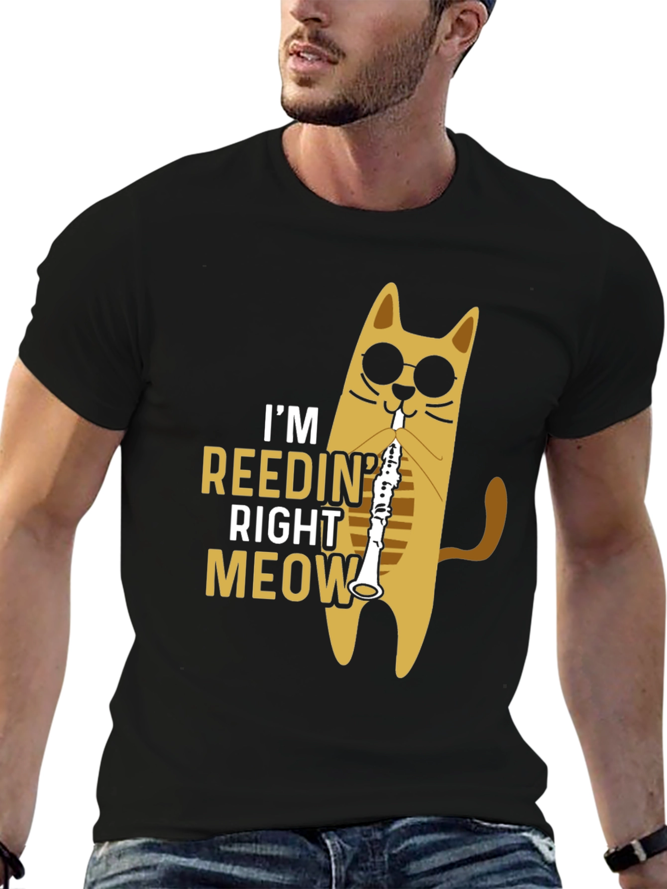 Black Cool Cat Reedin' Right Meow Black T-Shirt view 6