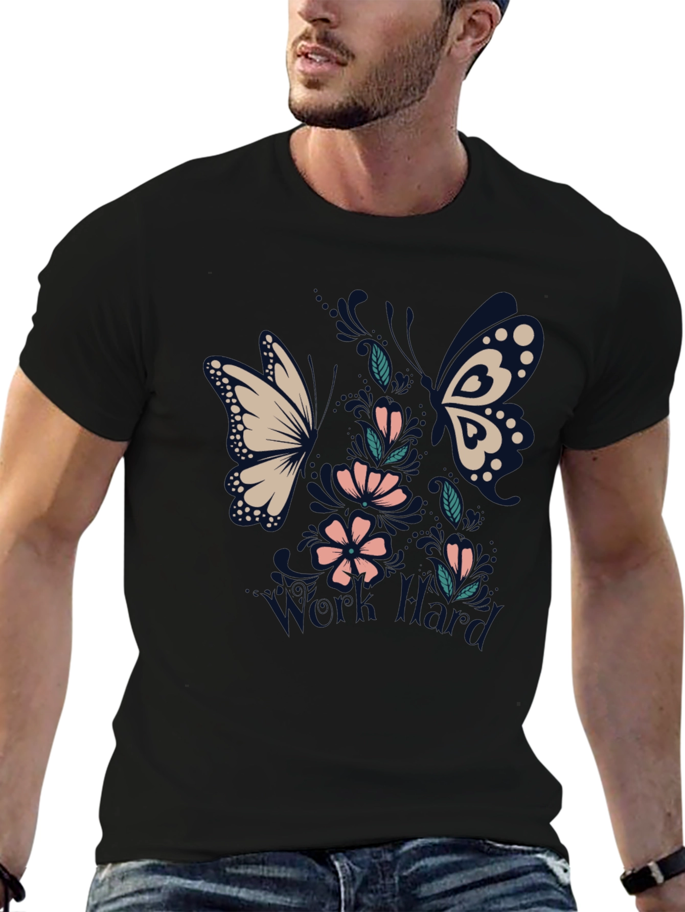 Black Floral Butterfly Black T-Shirt view 6