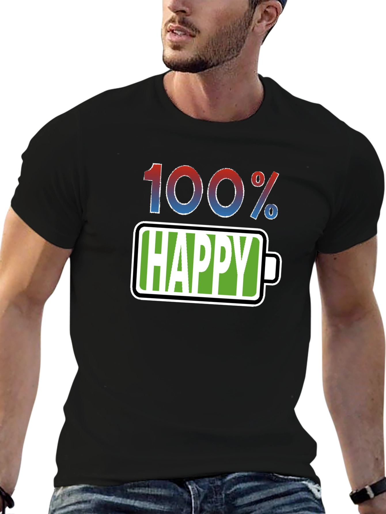 Black 100% Happy T-Shirt - Funny Battery Life Graphic Tee view 6