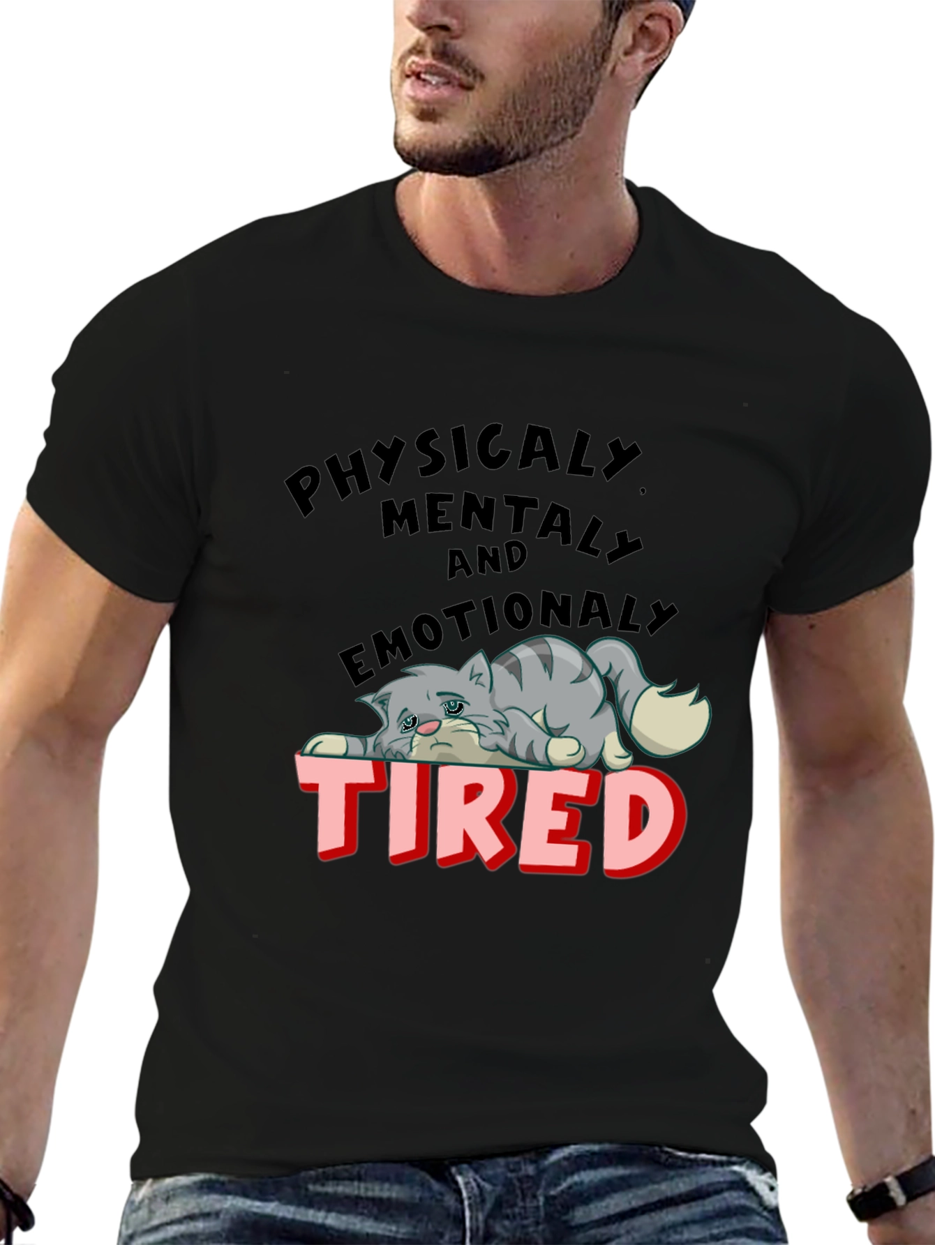 Black Emotionally Tired Cat Graphic Tee view 6