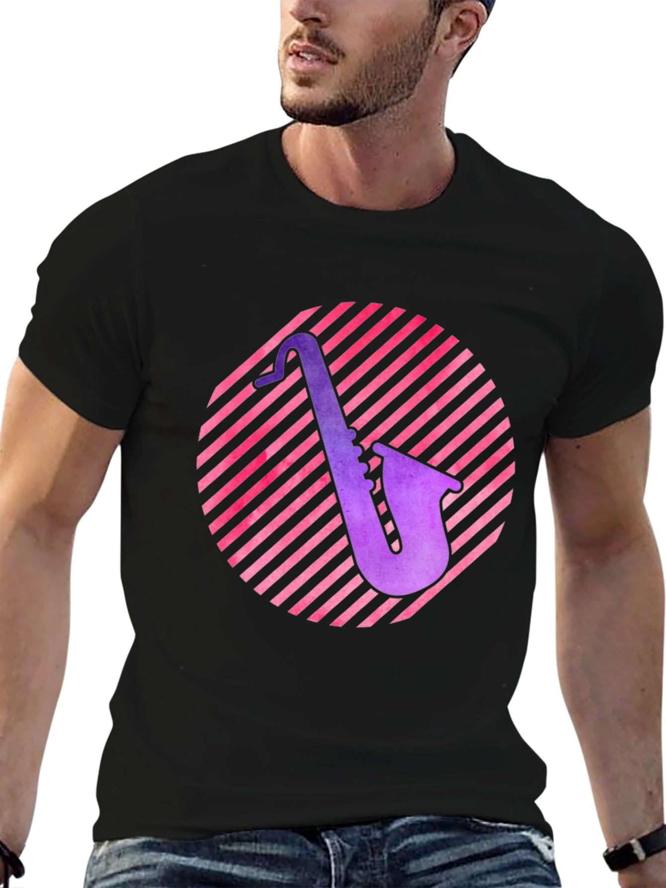 Black Saxophone Circle Graphic Tee - Black Cotton Shirt view 6