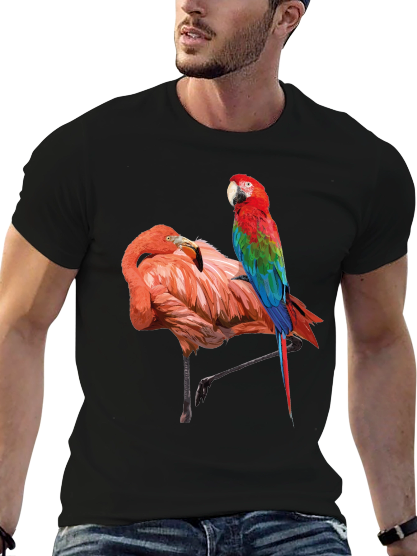 Flamingo Parrot Graphic Tee - Men's Black T-Shirt - 6