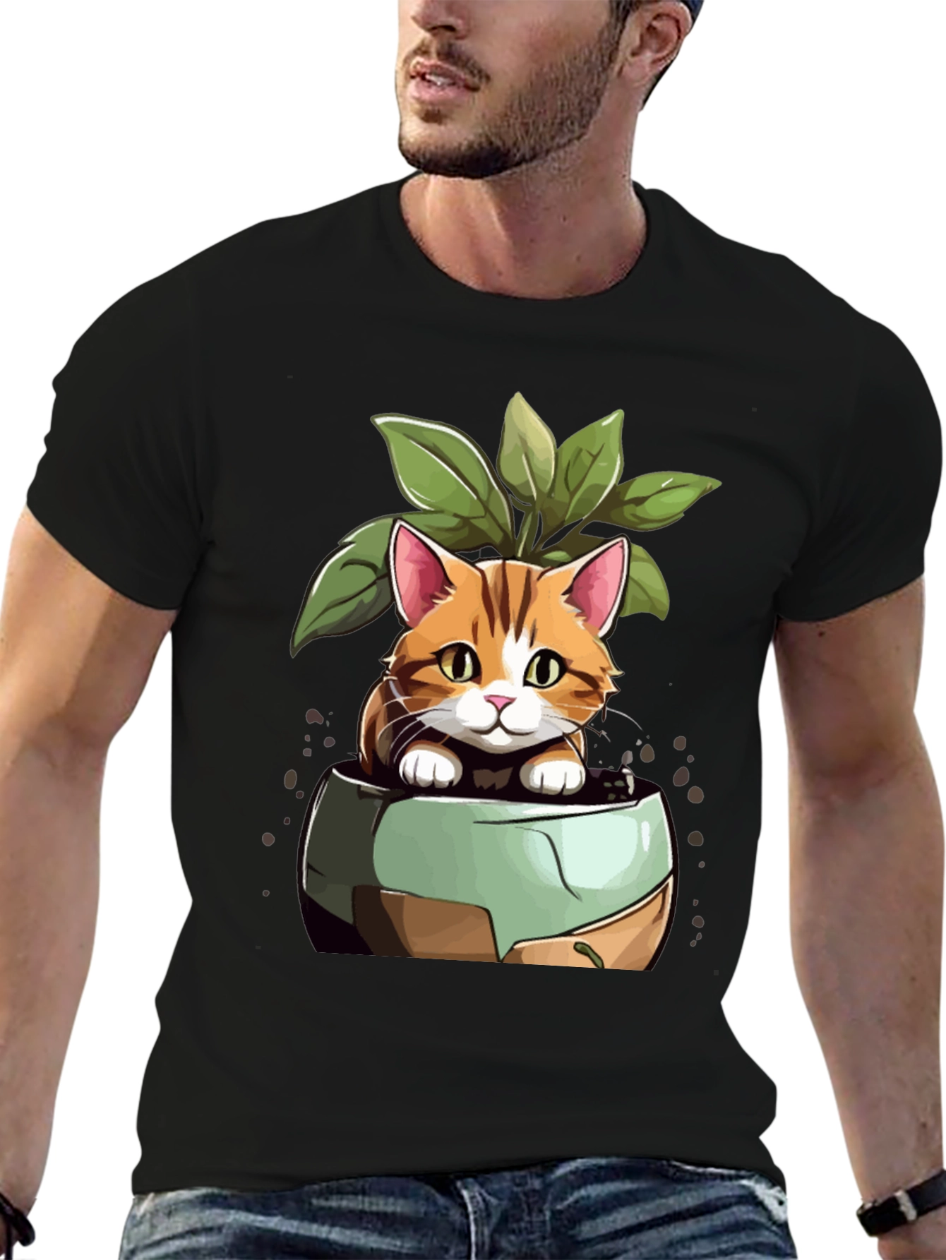 Black Cat in Pot Plant T-Shirt - Unique Design view 6