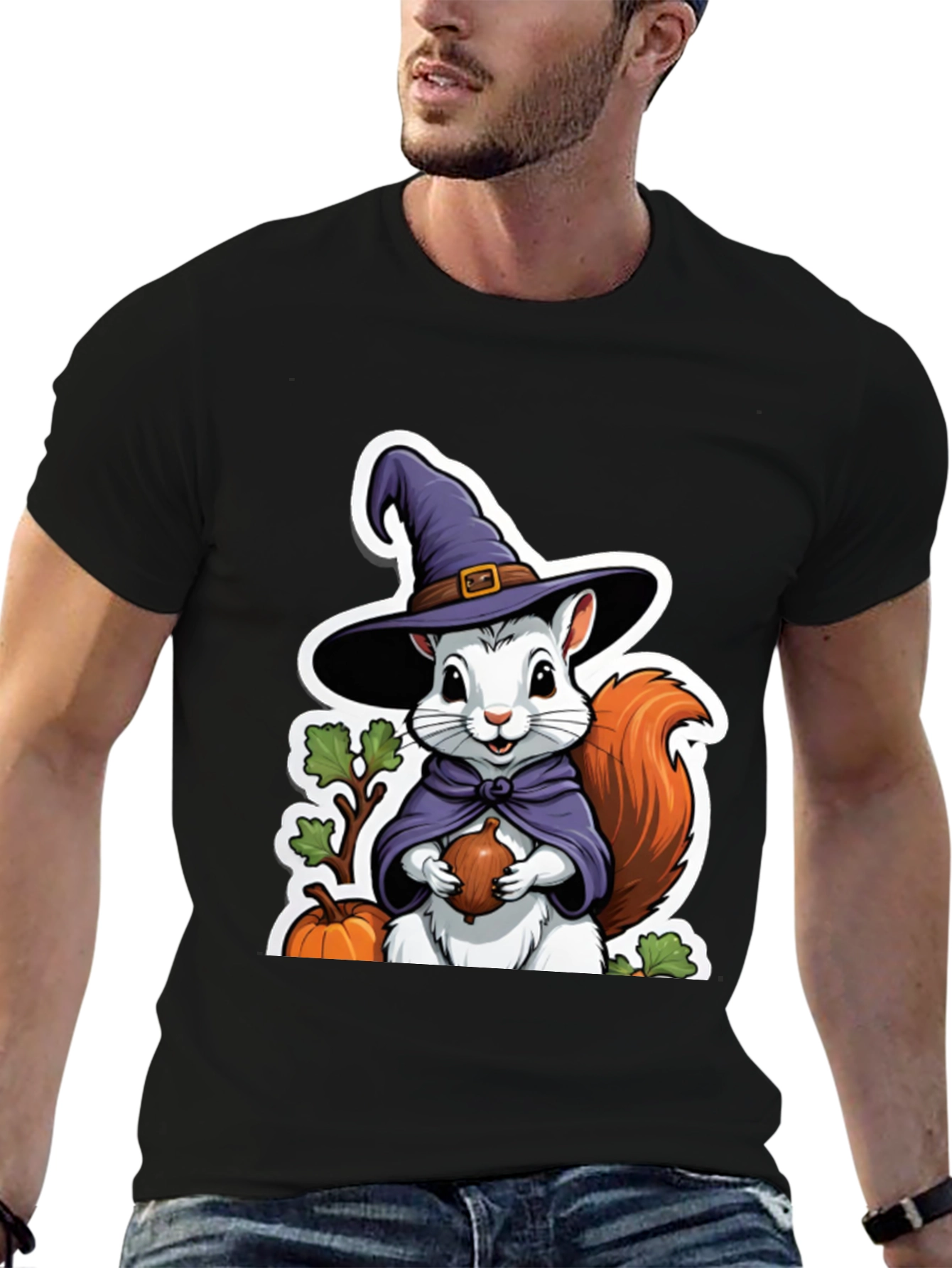 Black Whimsical Squirrel Witch T-Shirt view 6