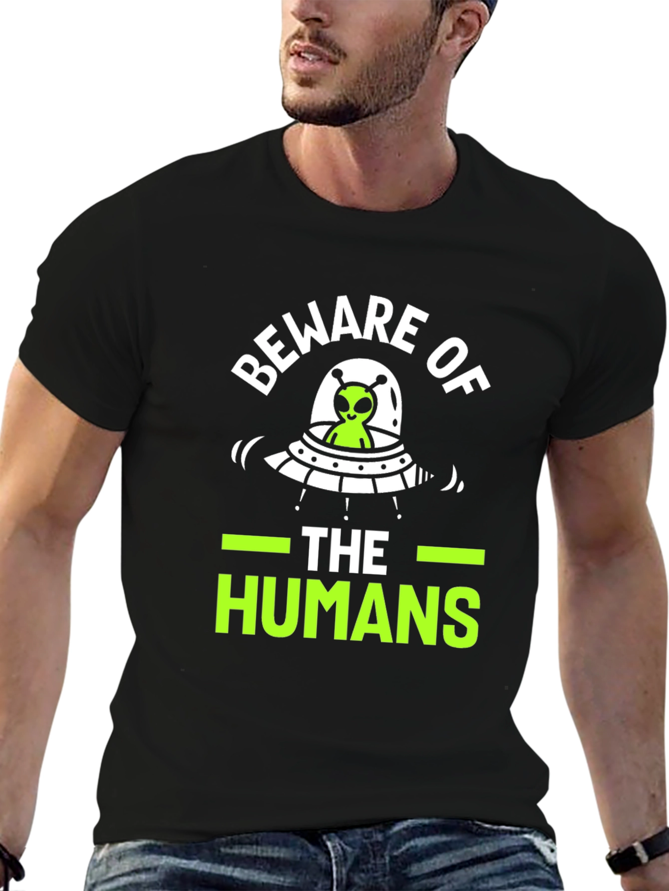 Black Beware of The Humans Alien UFO Graphic T-Shirt view 6