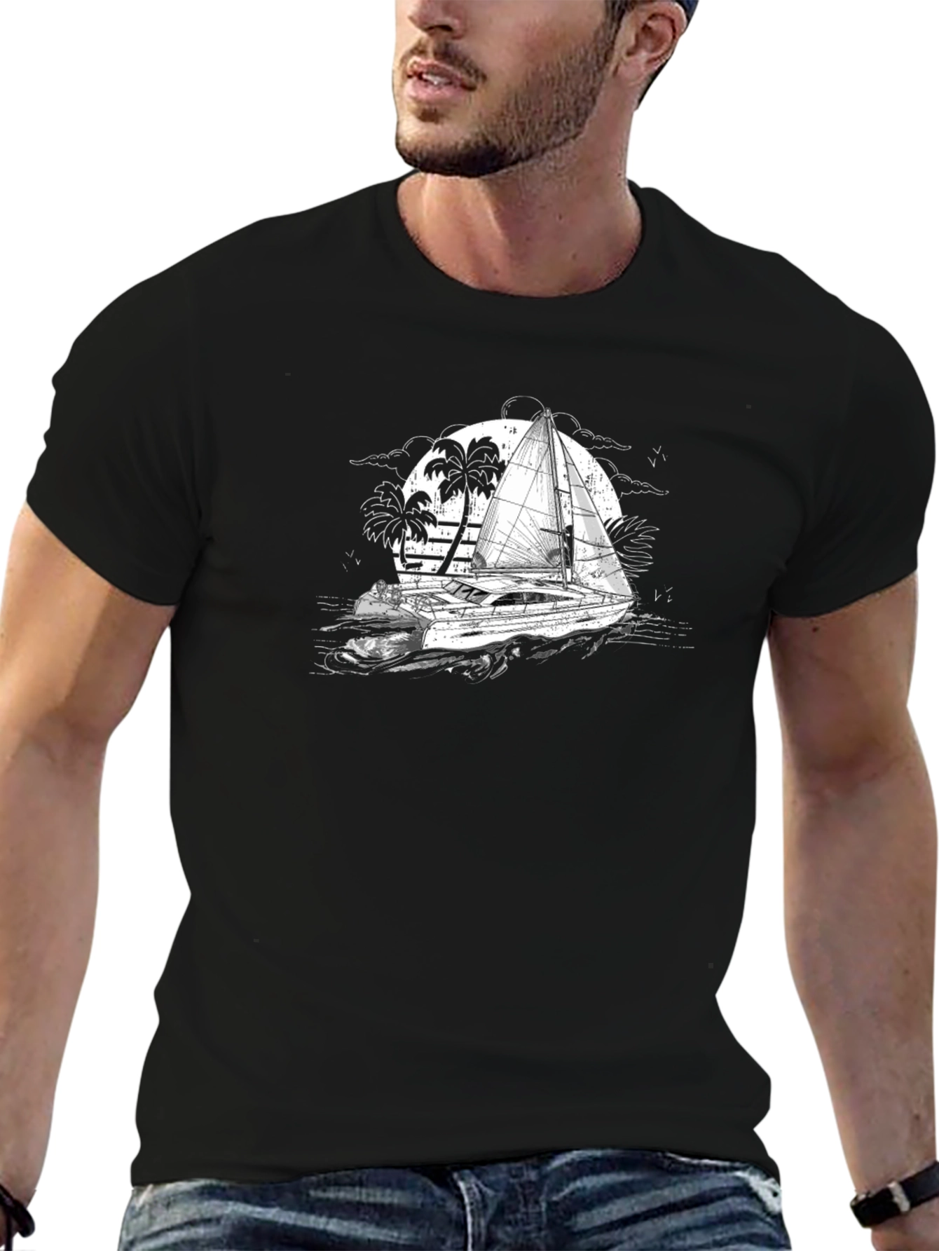Black Black T-Shirt with Sailing Boat Graphic view 6