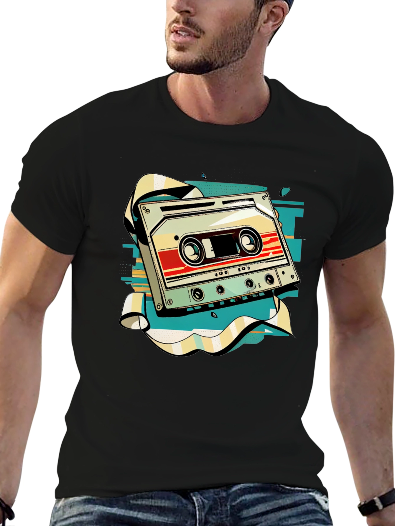 Black Retro Cassette Tape Graphic Tee - Vintage Music Style view 6