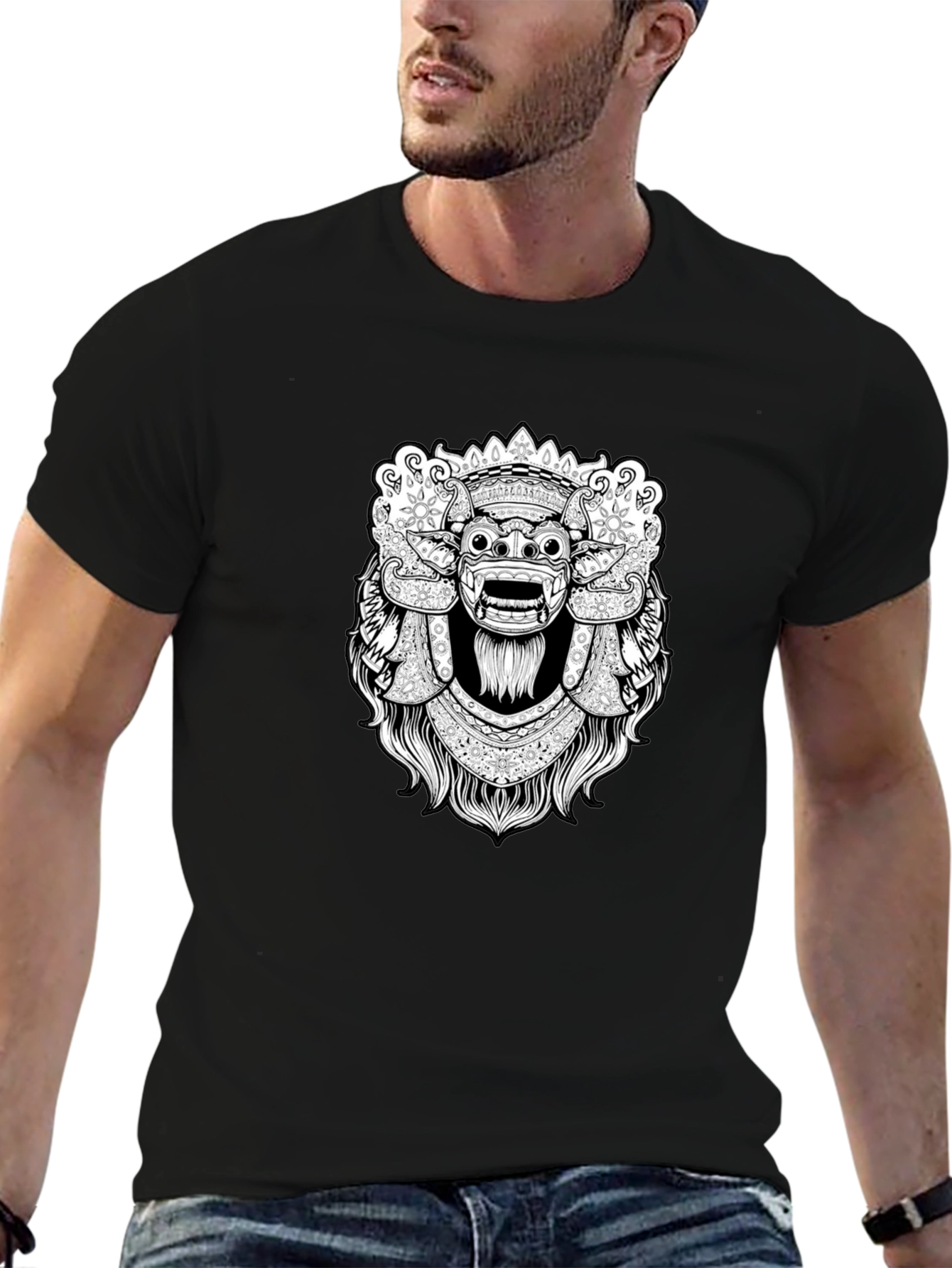 Black Black Graphic Tee - Balinese Barong Mask Design view 6