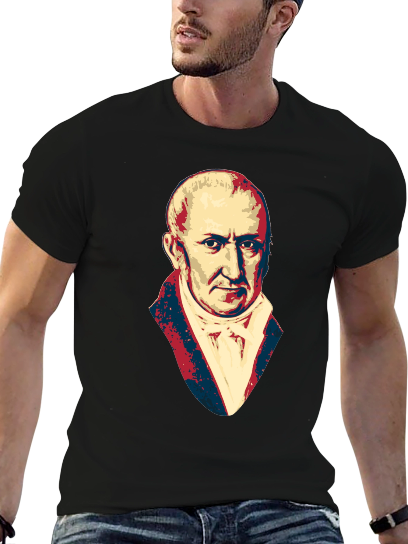 Black Men's Black T-Shirt with Portrait Graphic view 6