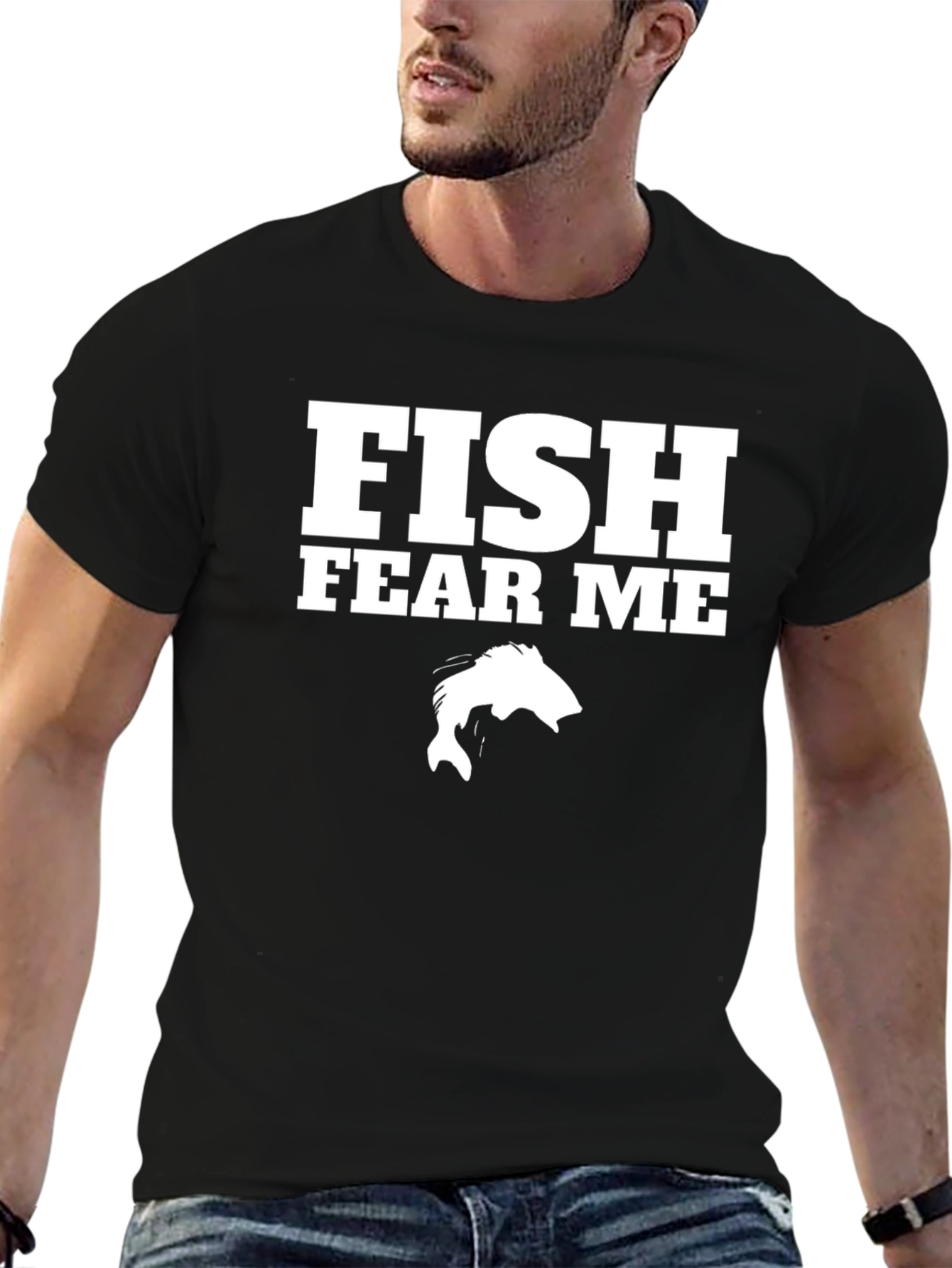 Black Fish Fear Me Graphic Print Black Cotton T-Shirt view 6