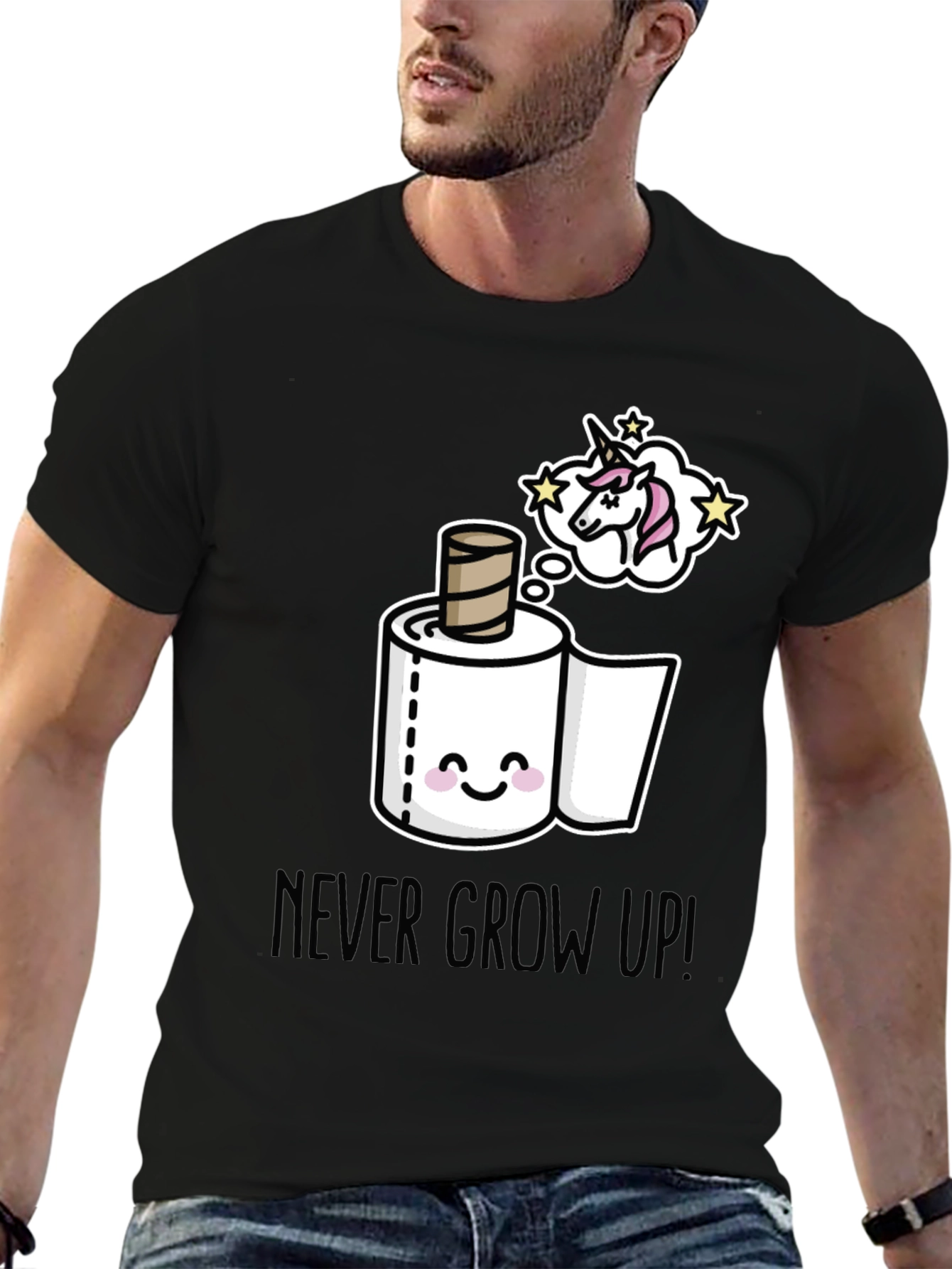 Black Never Grow Up T-Shirt: Unicorn Toilet Paper Dream view 6