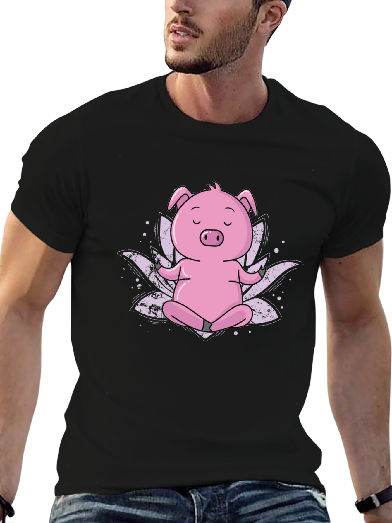 Black Zen Pig Black T-Shirt - Meditating Cartoon Animal view 6